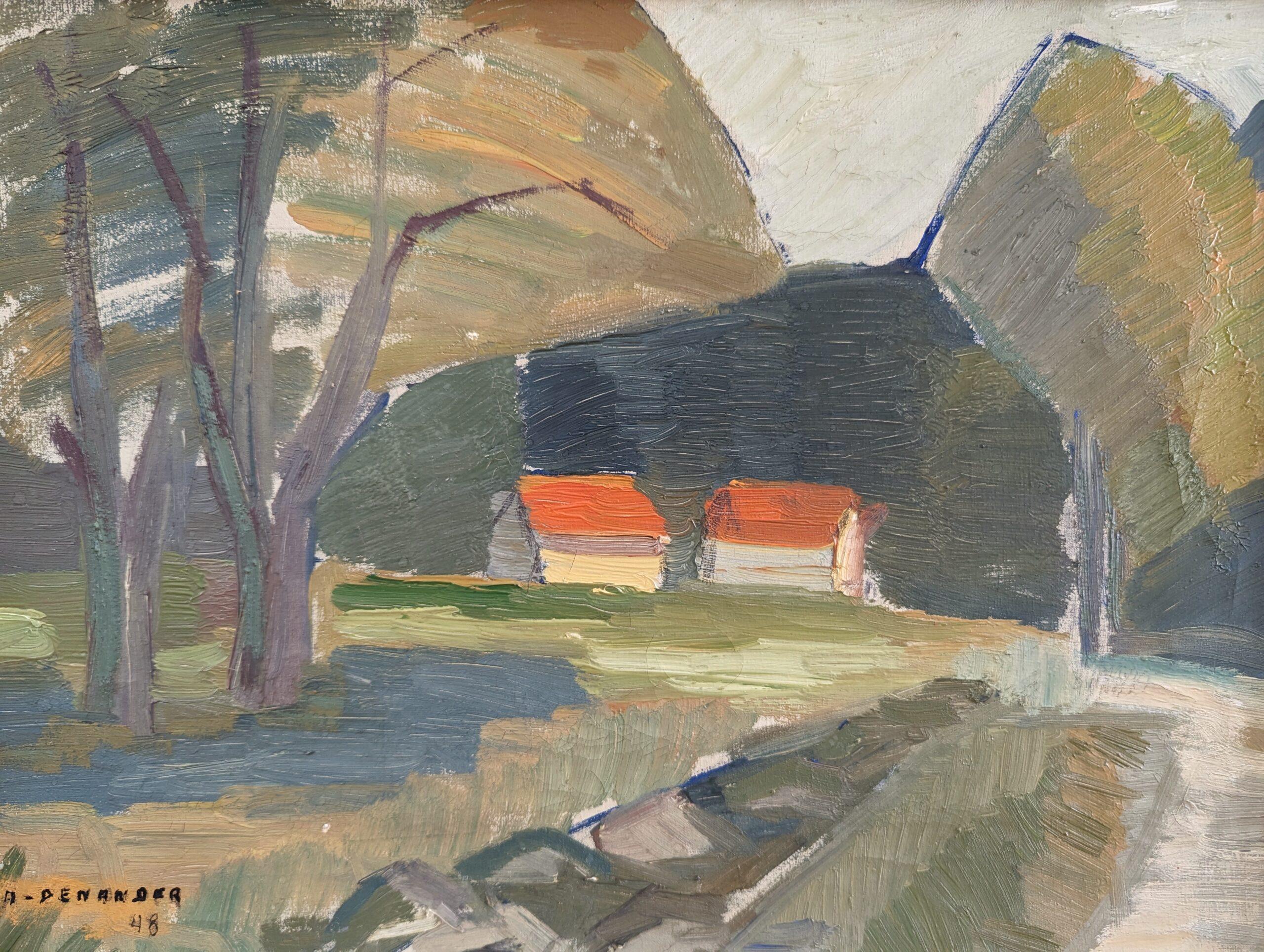 1948 Vintage Mid-Century Modern Landscape Framed Oil Painting - Forest Barns 8