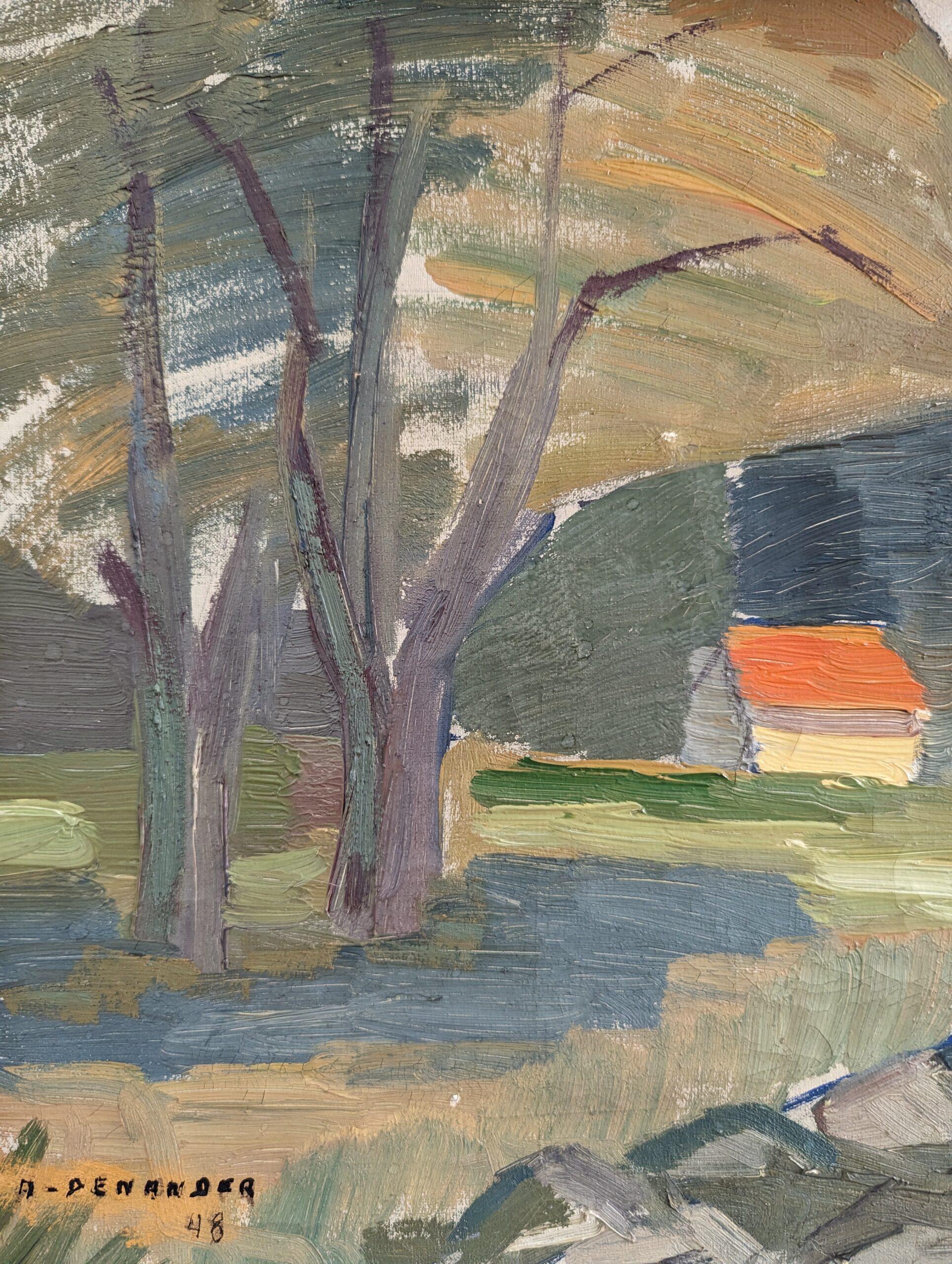1948 Vintage Mid-Century Modern Landscape Framed Oil Painting - Forest Barns 9