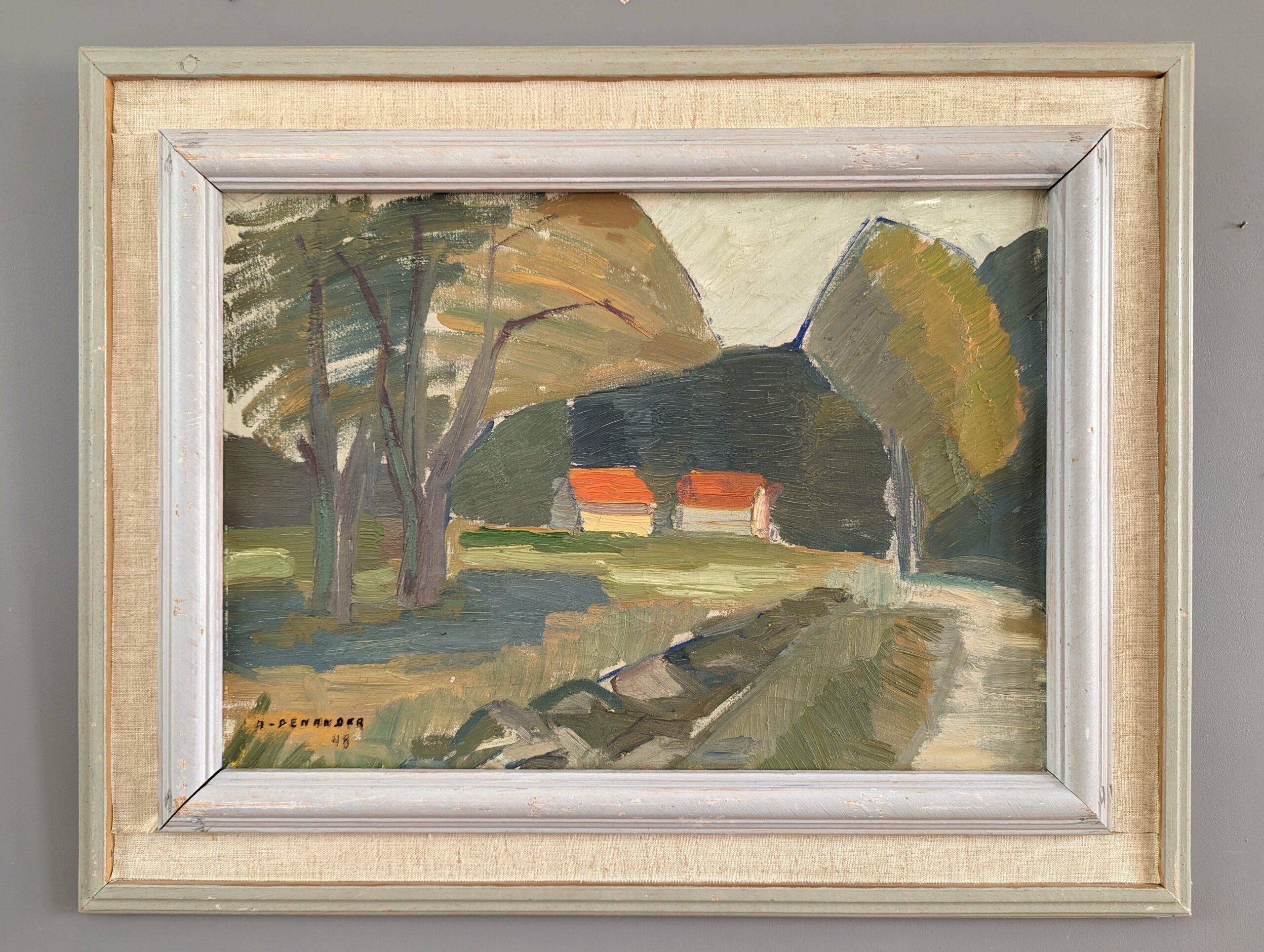 1948 Vintage Mid-Century Modern Landscape Framed Oil Painting - Forest Barns - Brown Landscape Painting by Unknown