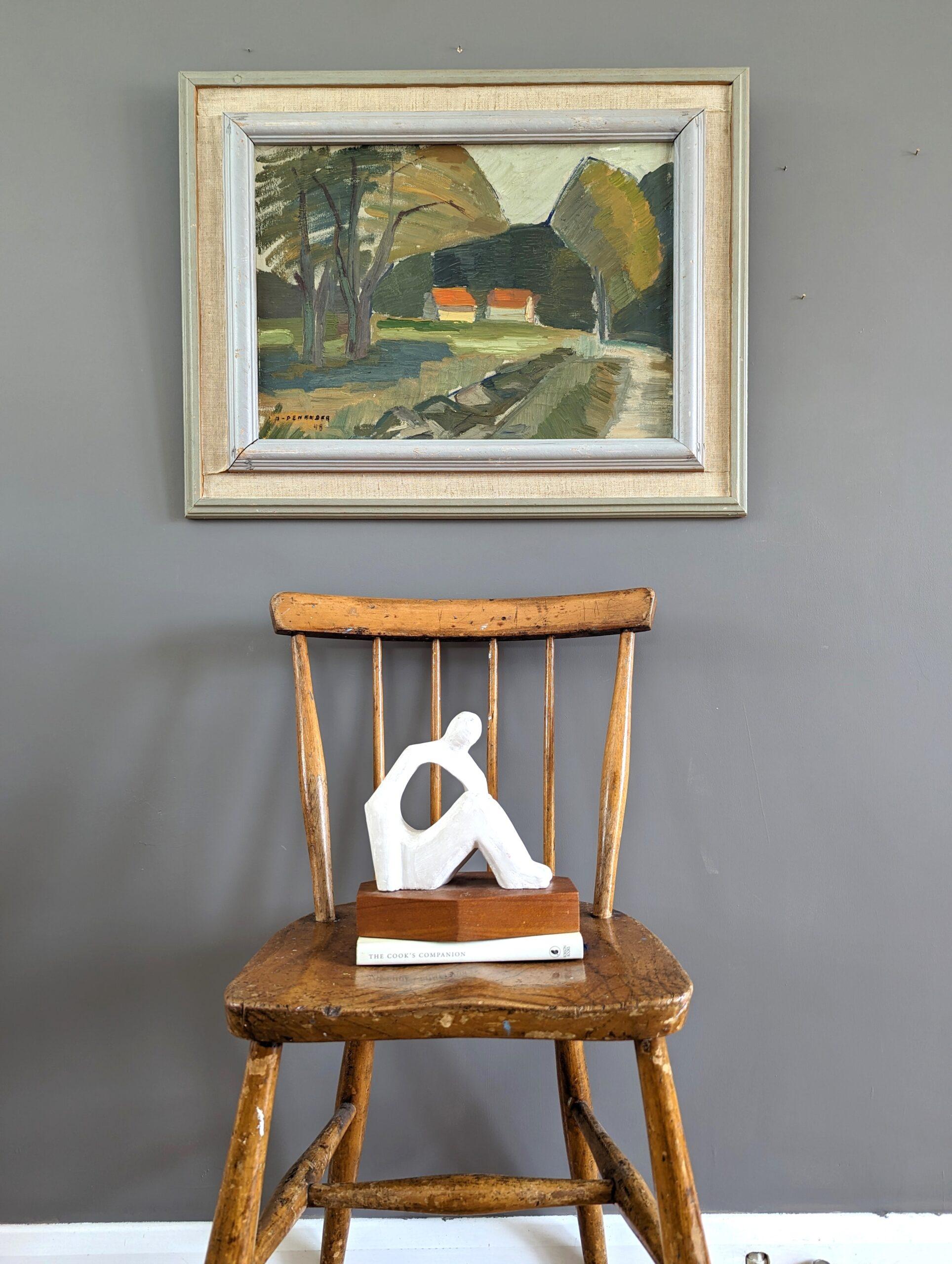 1948 Vintage Mid-Century Modern Landscape Framed Oil Painting - Forest Barns 1