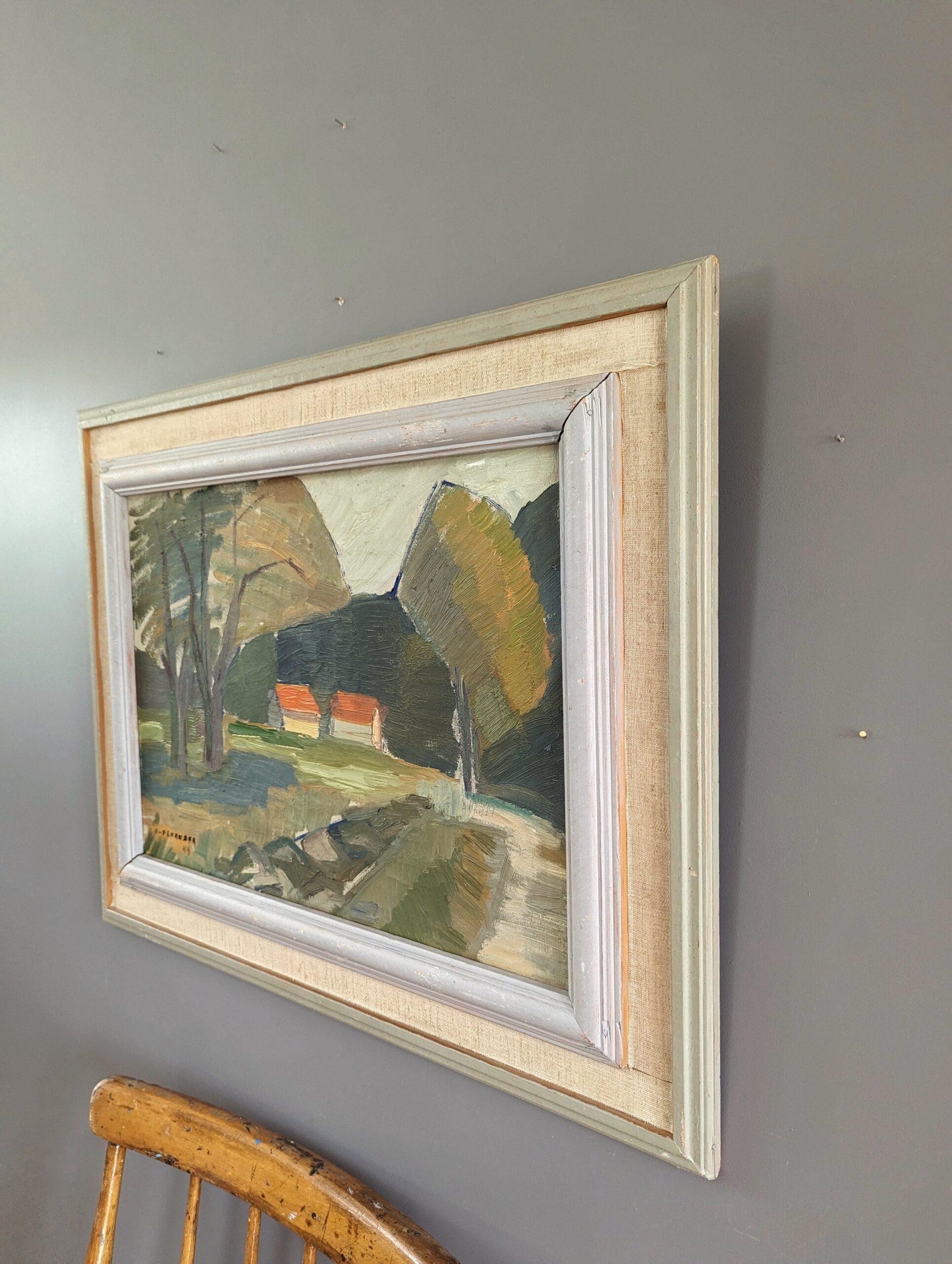 1948 Vintage Mid-Century Modern Landscape Framed Oil Painting - Forest Barns 2