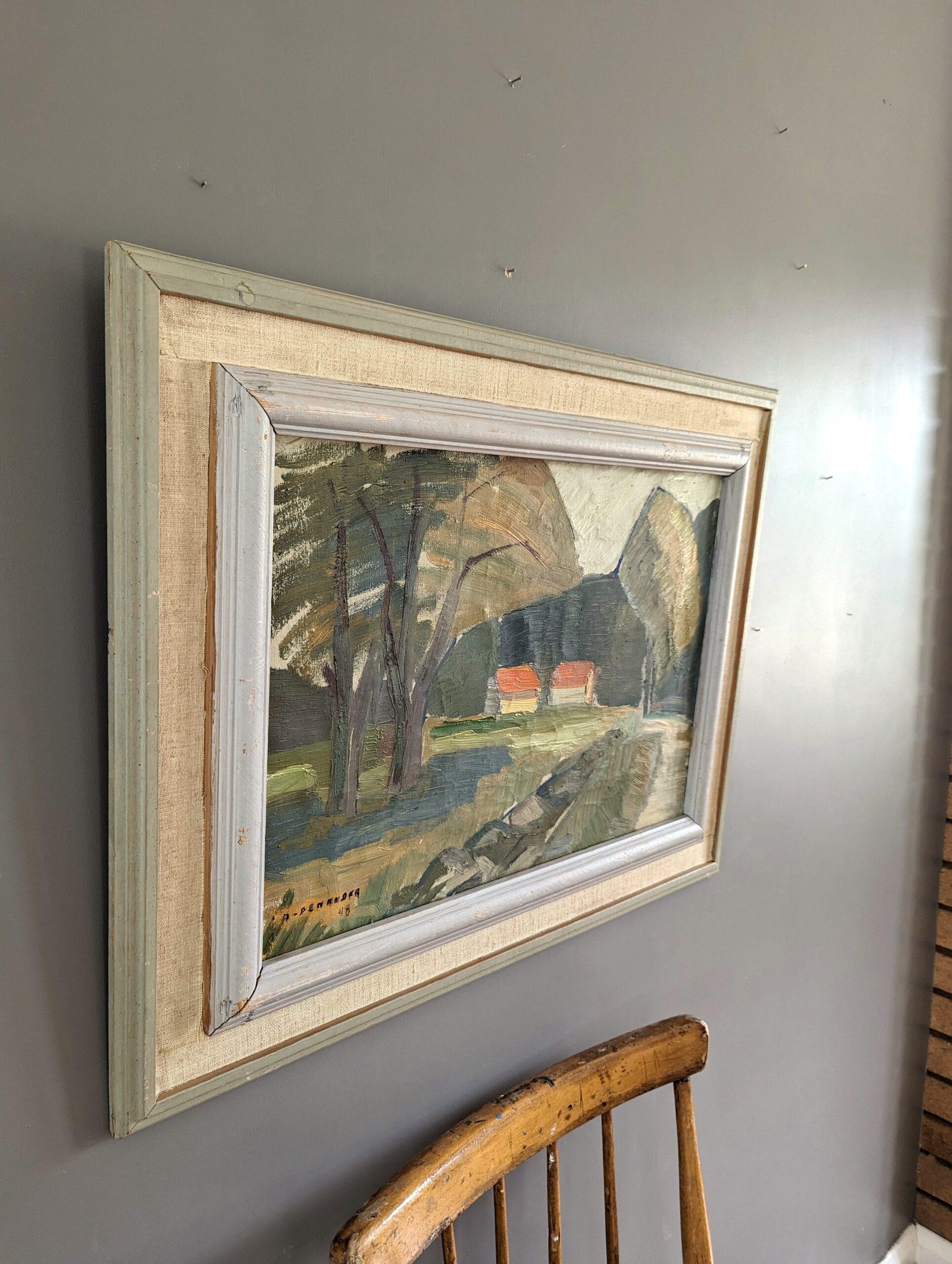 1948 Vintage Mid-Century Modern Landscape Framed Oil Painting - Forest Barns 3