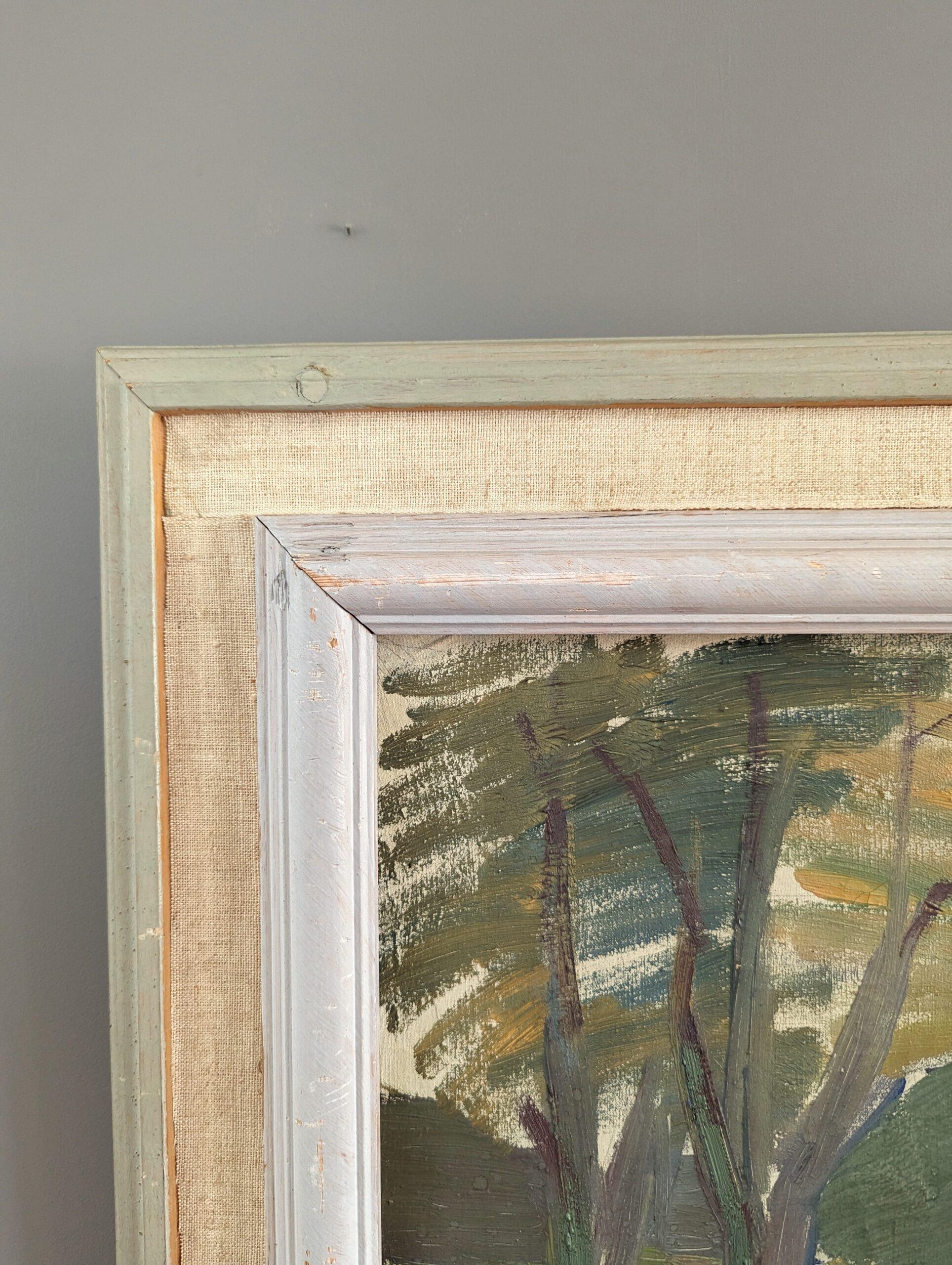 1948 Vintage Mid-Century Modern Landscape Framed Oil Painting - Forest Barns 4