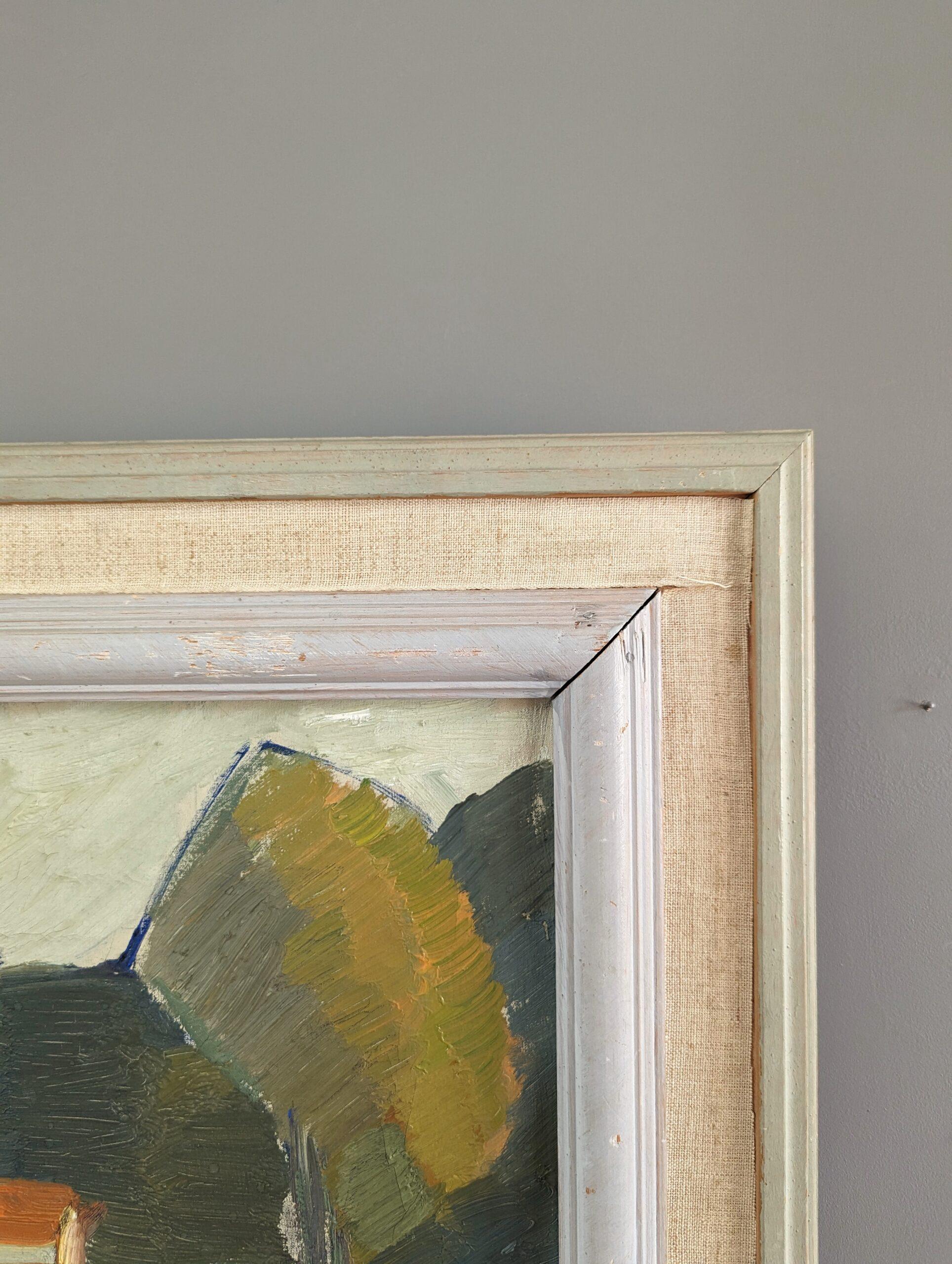1948 Vintage Mid-Century Modern Landscape Framed Oil Painting - Forest Barns 5