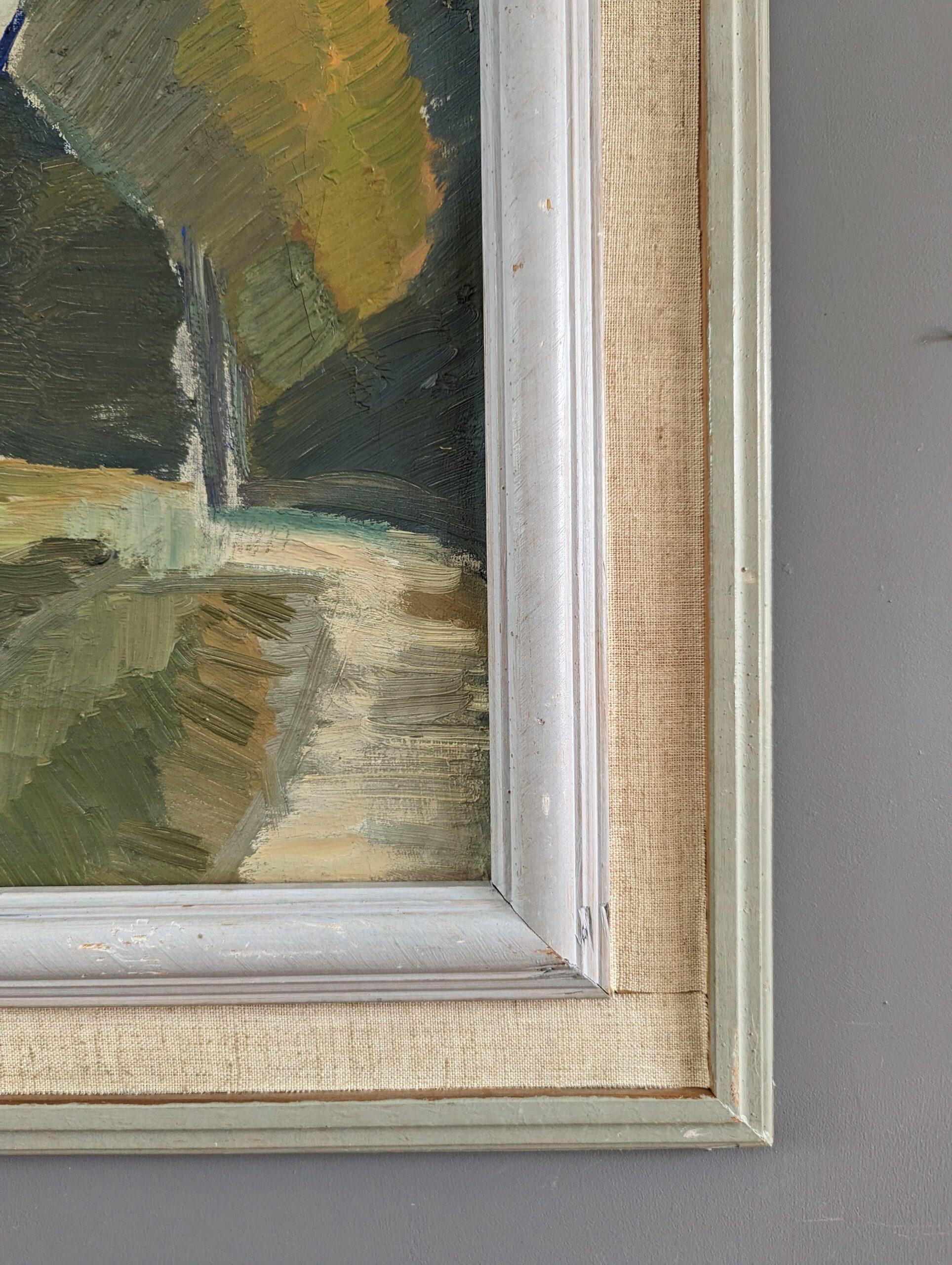 1948 Vintage Mid-Century Modern Landscape Framed Oil Painting - Forest Barns 6