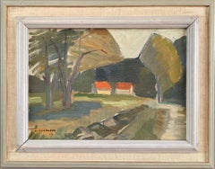 1948 Vintage Mid-Century Modern Landscape Framed Oil Painting - Forest Barns
