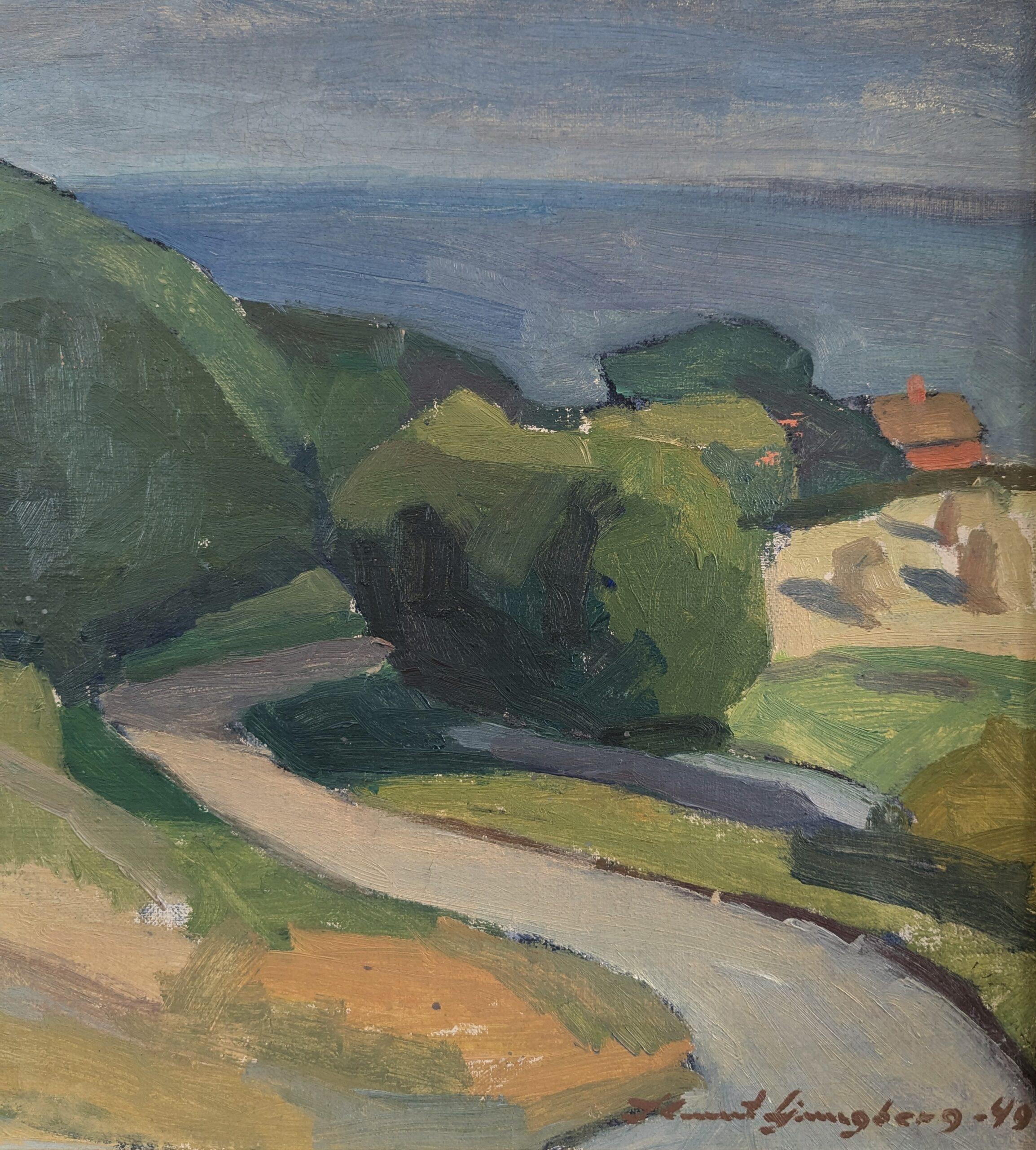 1949 Paesaggio costiero moderno di metà secolo incorniciato con pittura a olio Casa sulla costa 6