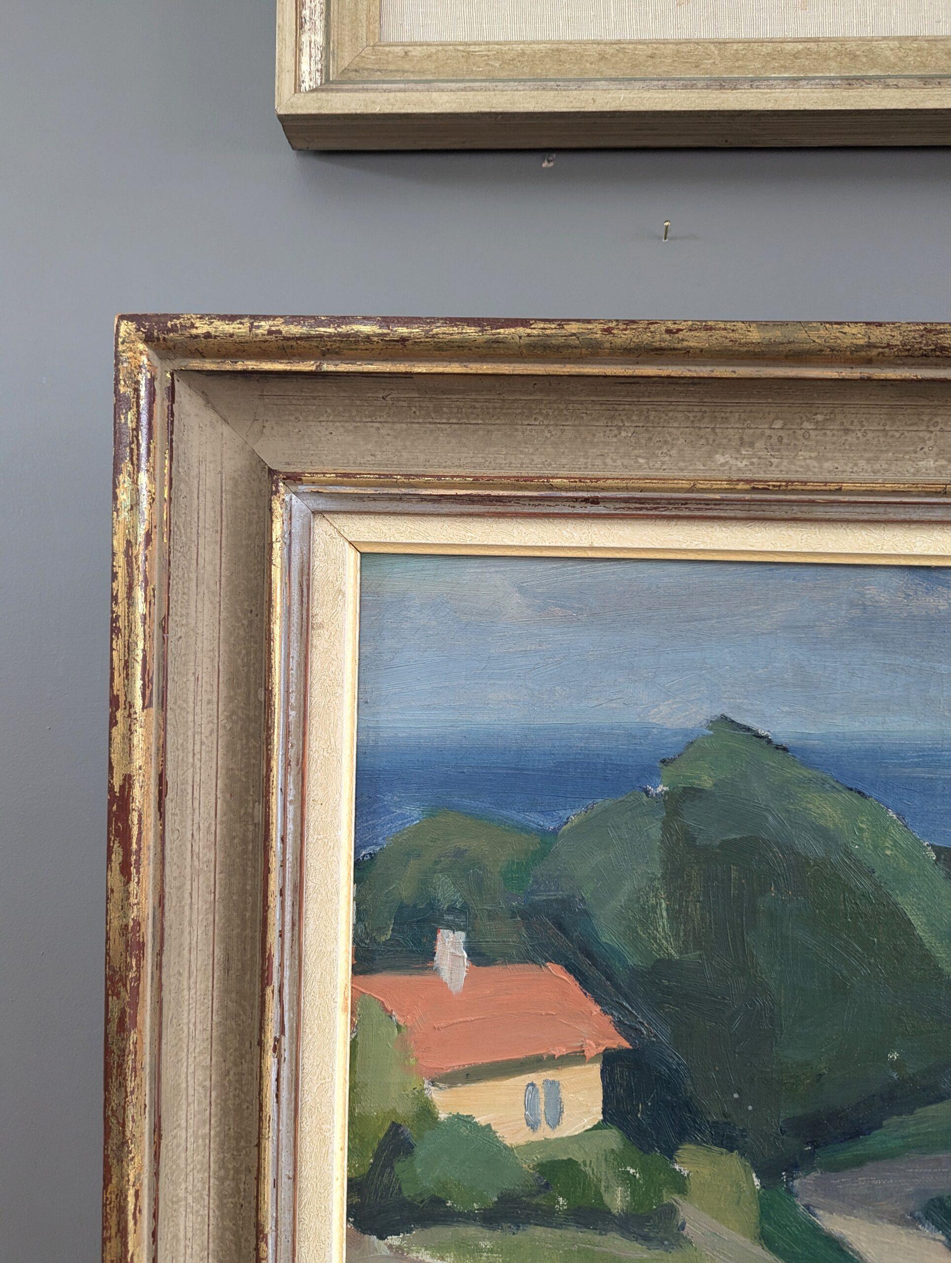 1949 Paesaggio costiero moderno di metà secolo incorniciato con pittura a olio Casa sulla costa 2