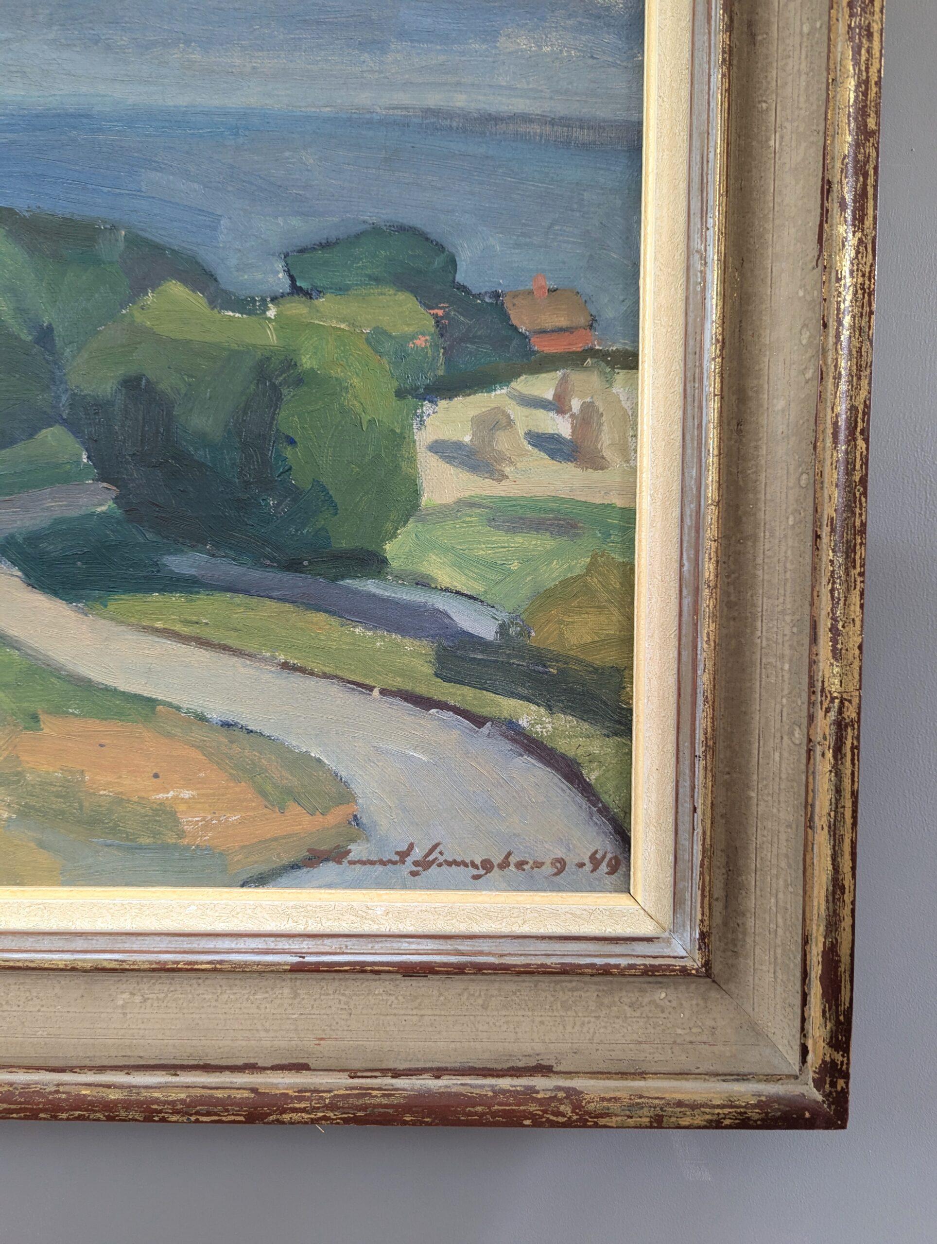 1949 Paesaggio costiero moderno di metà secolo incorniciato con pittura a olio Casa sulla costa 3