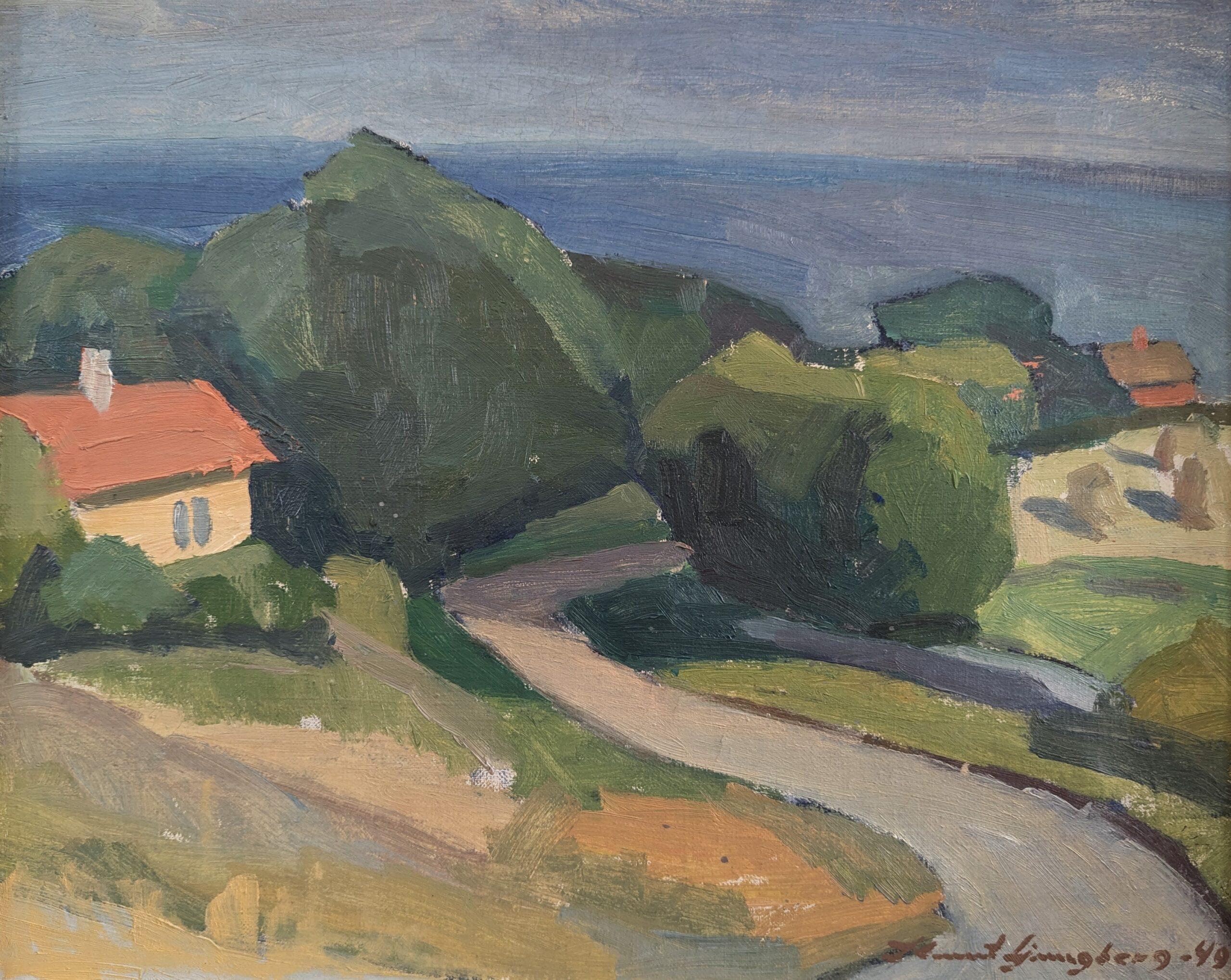 1949 Paesaggio costiero moderno di metà secolo incorniciato con pittura a olio Casa sulla costa 4