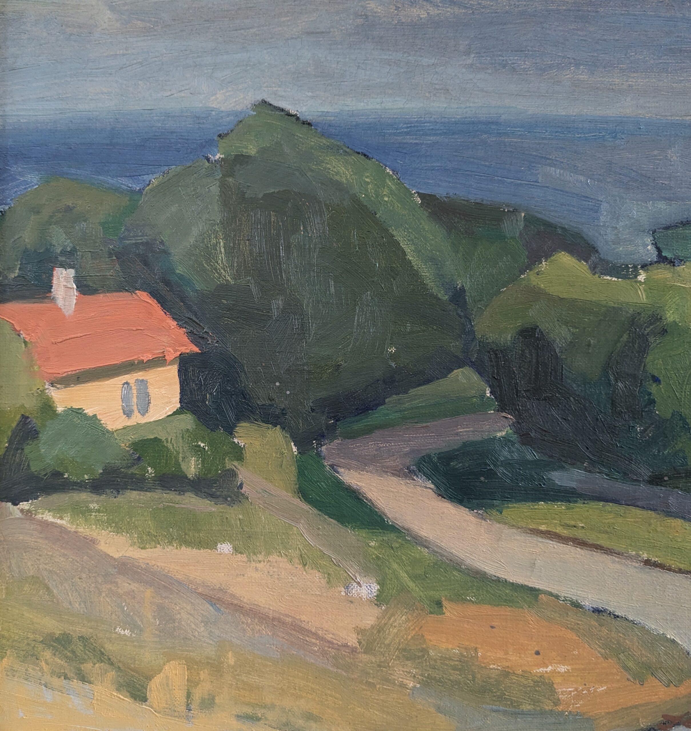1949 Paesaggio costiero moderno di metà secolo incorniciato con pittura a olio Casa sulla costa 5