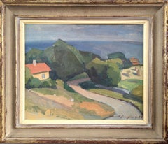 1949 Mid-Century Modern Coastal Landscape Gerahmtes Ölgemälde Haus an der Küste, gerahmt, Mid-Century Modern