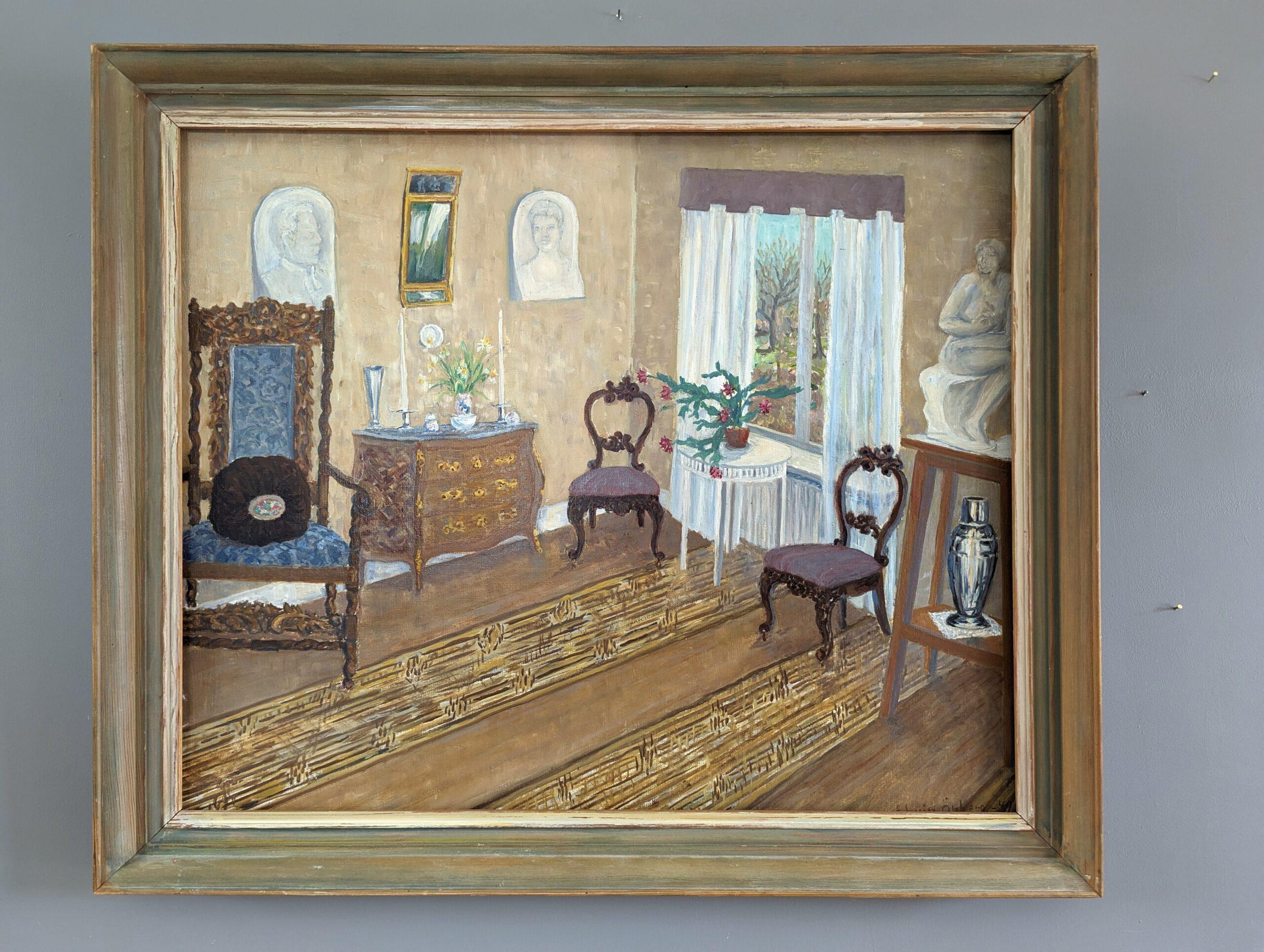 1949 Scena d'interni moderna di metà secolo incorniciata - Il soggiorno - Painting di Unknown