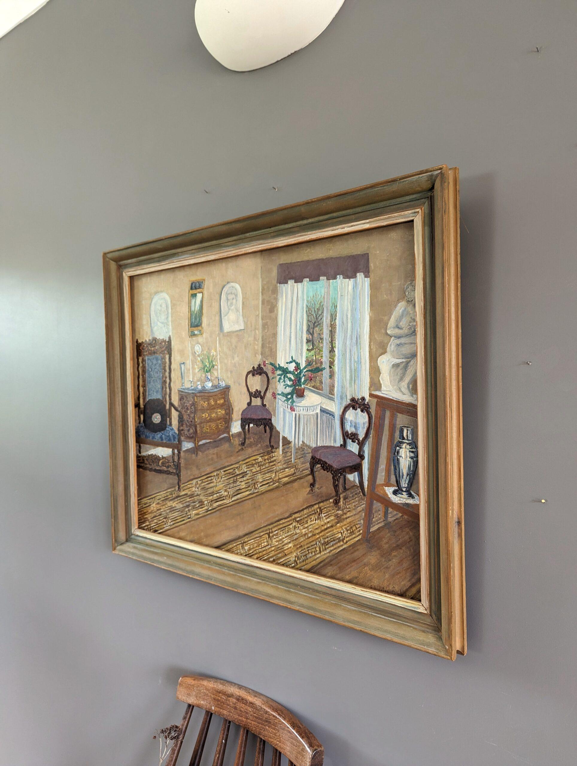 1949 Scena d'interni moderna di metà secolo incorniciata - Il soggiorno - Painting Moderno di Unknown