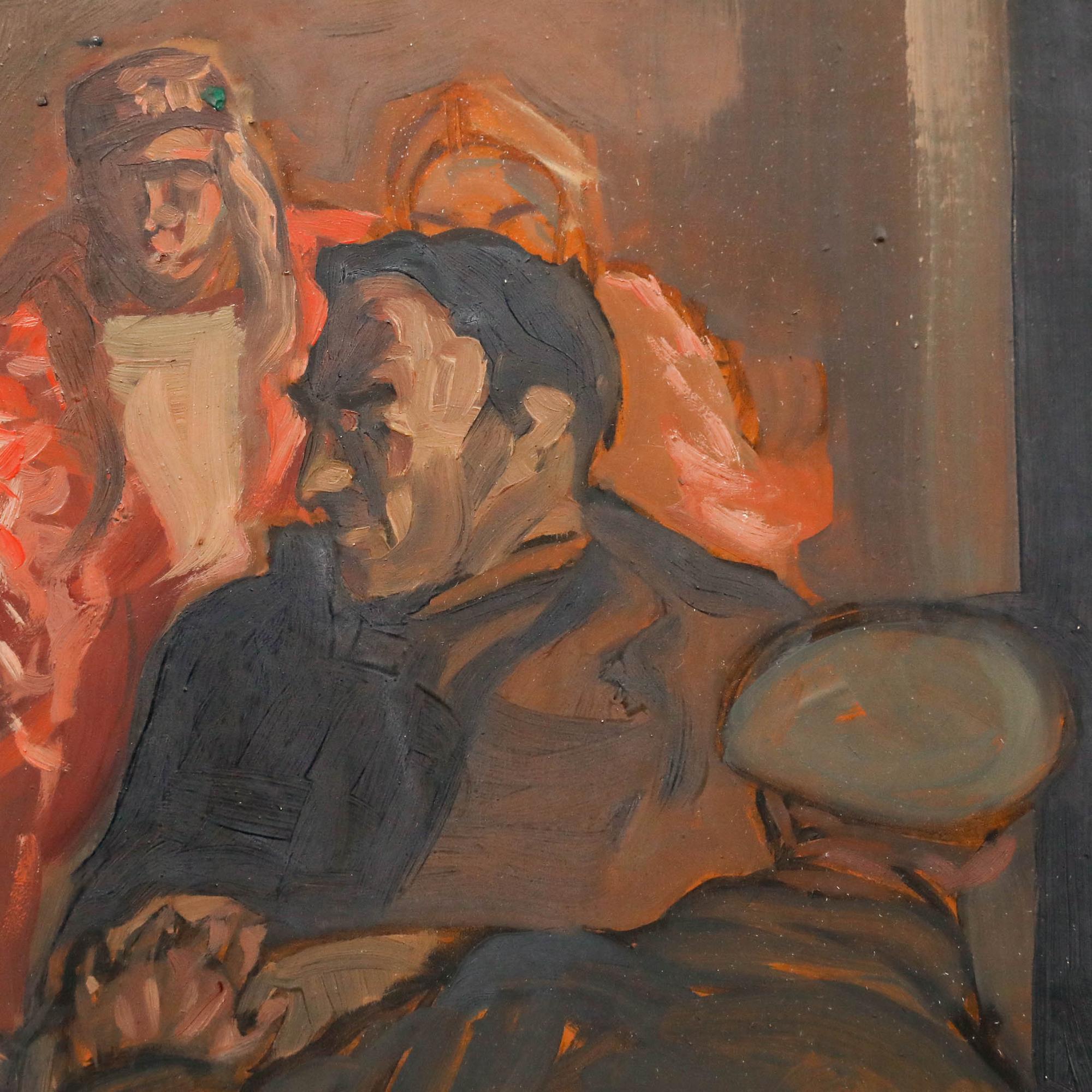 Eine ungewöhnliche Interpretation der biblischen Geschichte von der Speisung der Fünftausend durch Jesus aus der Mitte des Jahrhunderts. Die Szene zeigt, wie Jesus Fische aus einem Fass nimmt und sie an die um ihn versammelte Menge verteilt. Der