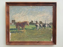 1949 Vintage-Ölgemälde in Tierrahmen, Schwedische Kunst, Pferde auf der Meadow, 1949