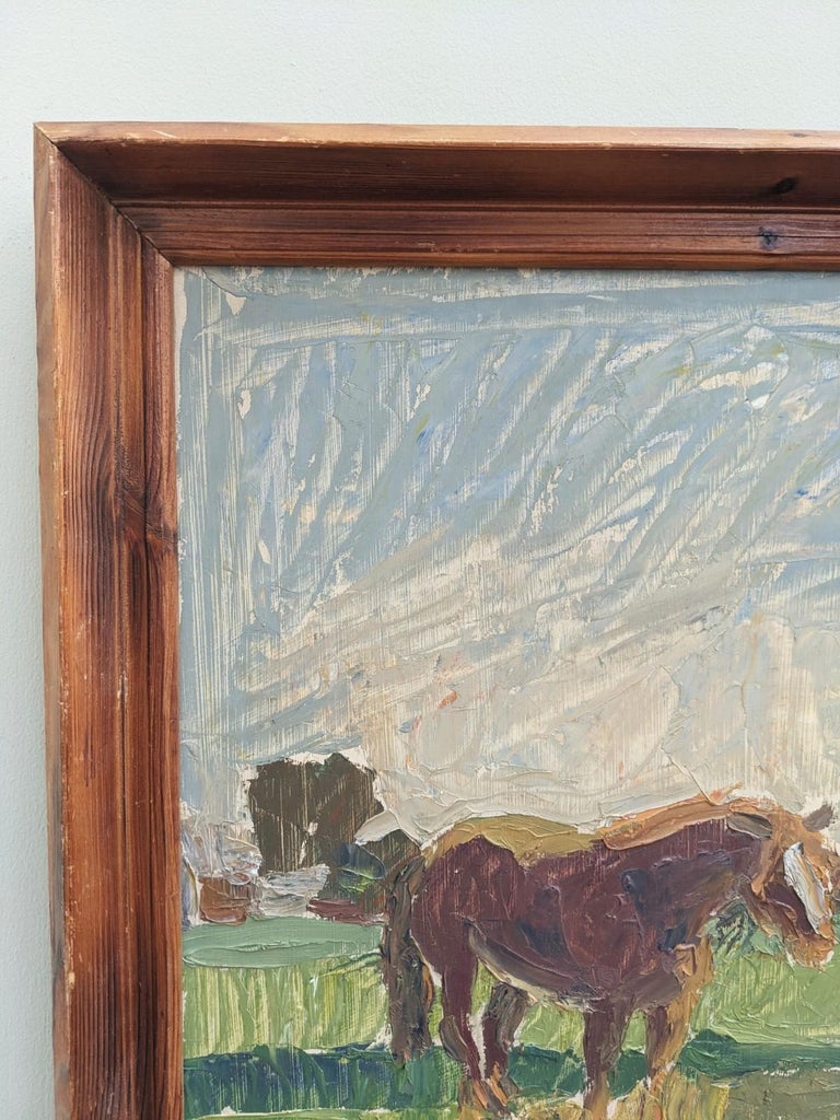 Unknown 1949 Vintage Animal Framed Oil Painting Swedish Art Horses