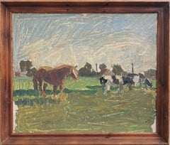 1949 Vintage Animal Framed Oil Painting Swedish Art - Horses on the Meadow