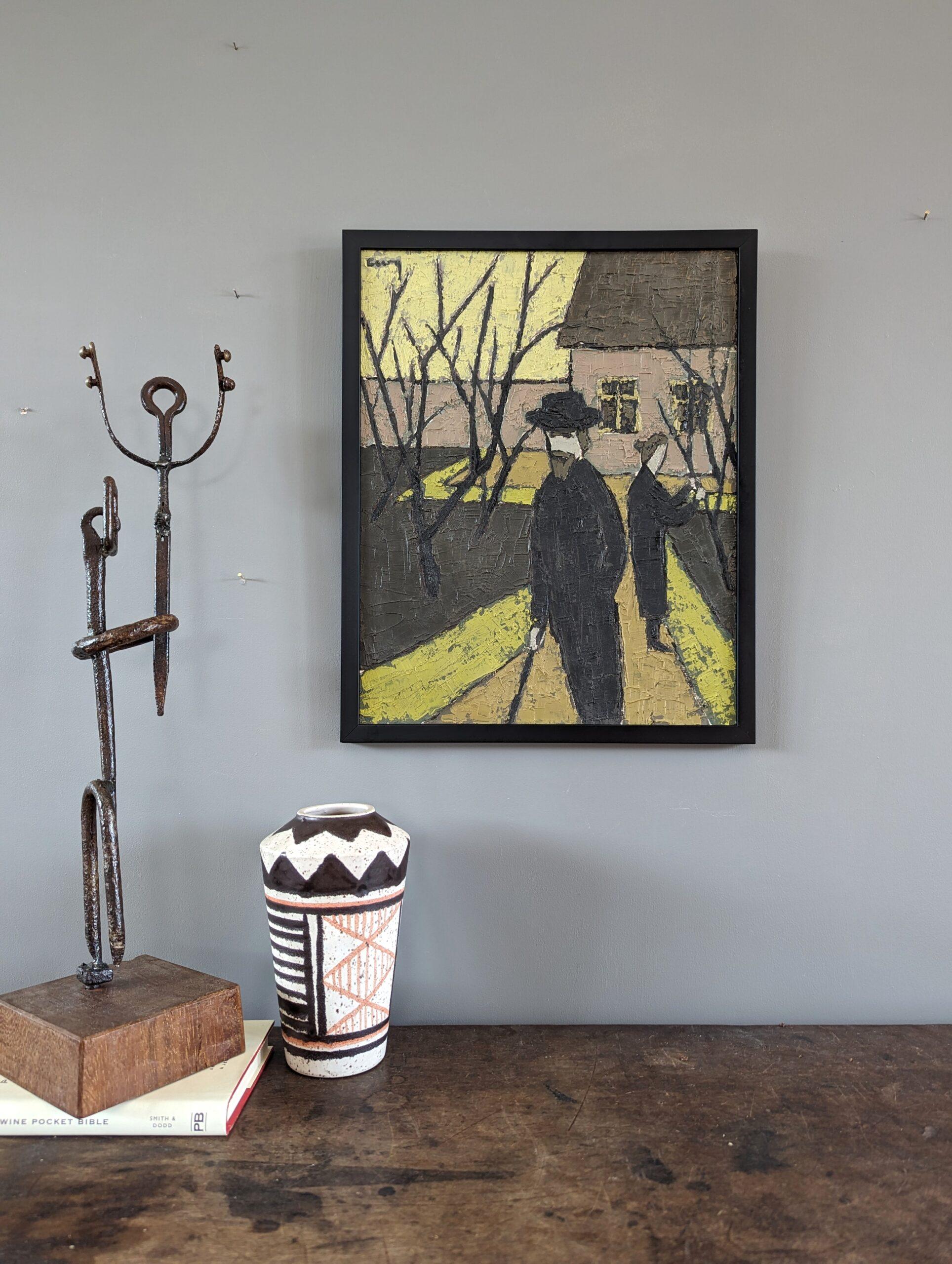 1949 Vintage Mid-Century Modern Figurative Oil Painting - Tending the Garden (curare il giardino) 2
