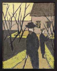 1949 Vintage Mid-Century Modern Figurative Oil Painting - Tending the Garden (curare il giardino)