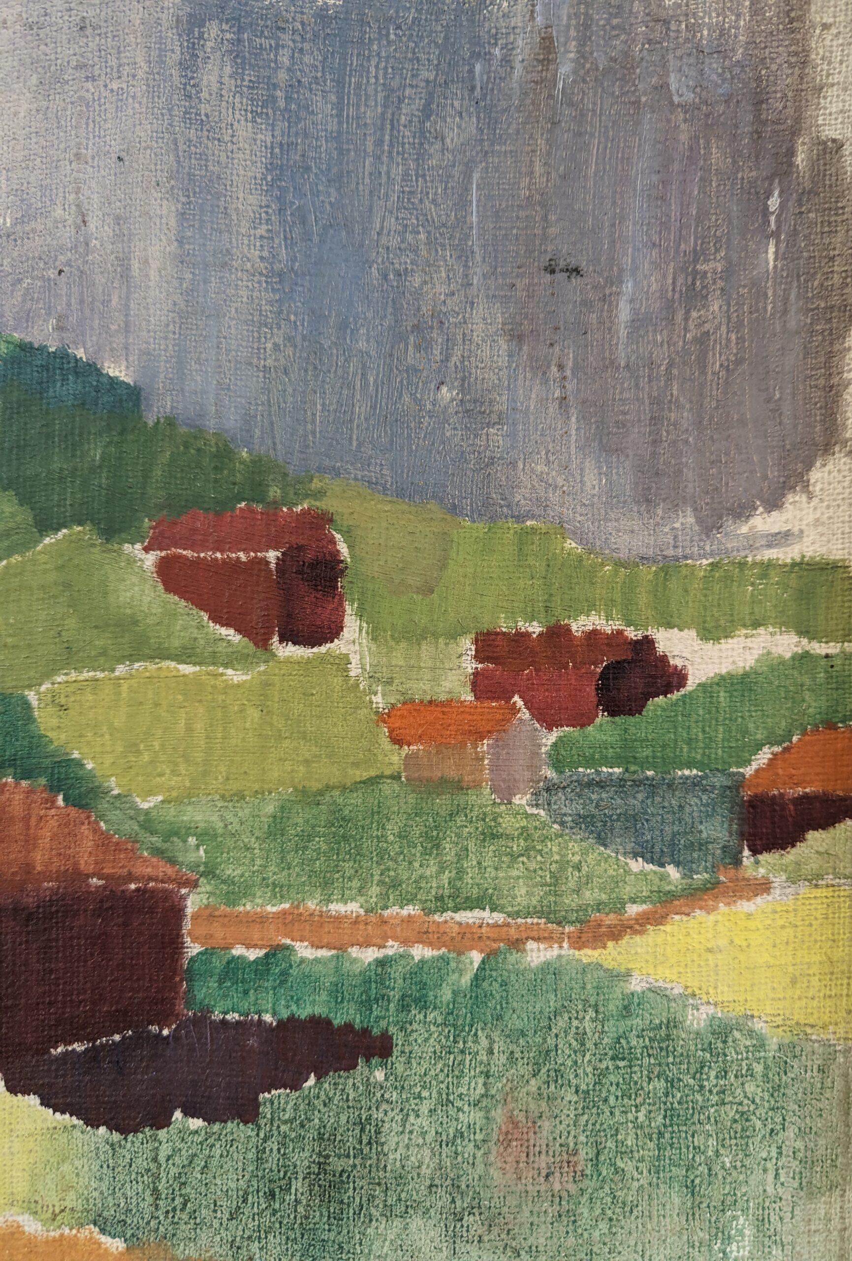 1949 Vintage Mid-Century Modernist Landscape Oil Painting - Modernist Monuments For Sale 12