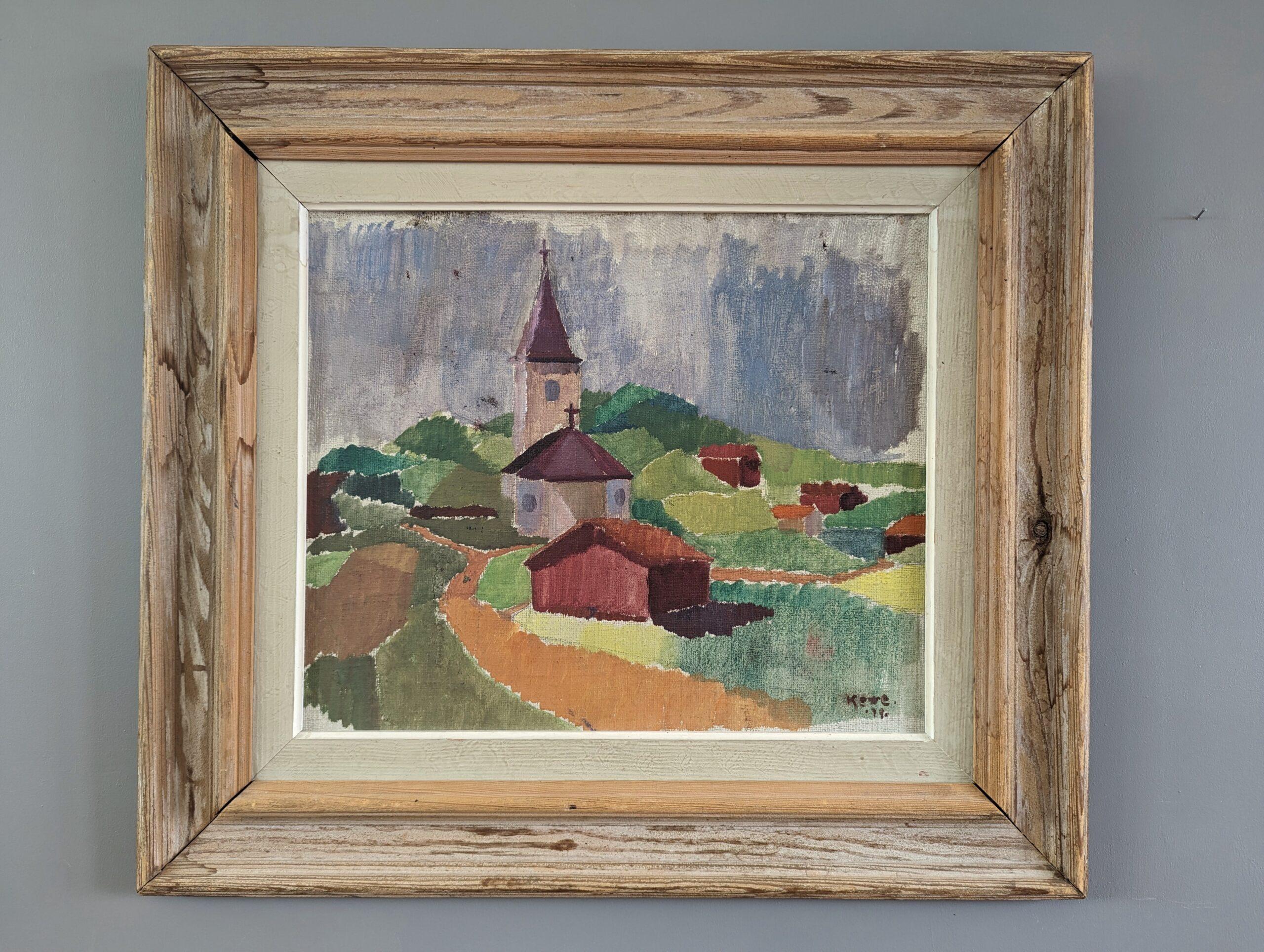 MODERNIST MONUMENTS 
Size: 57 x 64 cm (including frame)
Oil on Canvas laid onto board


A soothing and very pleasant mid-century modernist style landscape composition, executed in oil and dated 1949.

The painting presents red houses as well as a