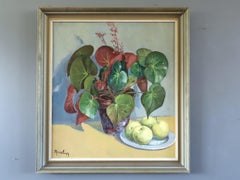 1949 Vintage Mid Century Swedish Still Life Oil Painting - Begonia & Apples
