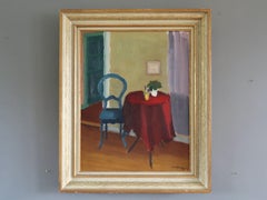 1950 Mid Century Modern Swedish Interior Oil Painting - The Red Table