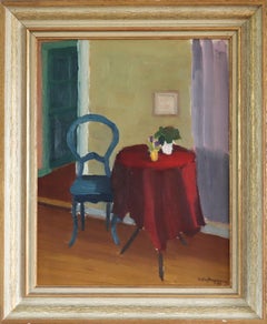 1950 Mid Century Modern Swedish Interior Oil Painting - The Red Table