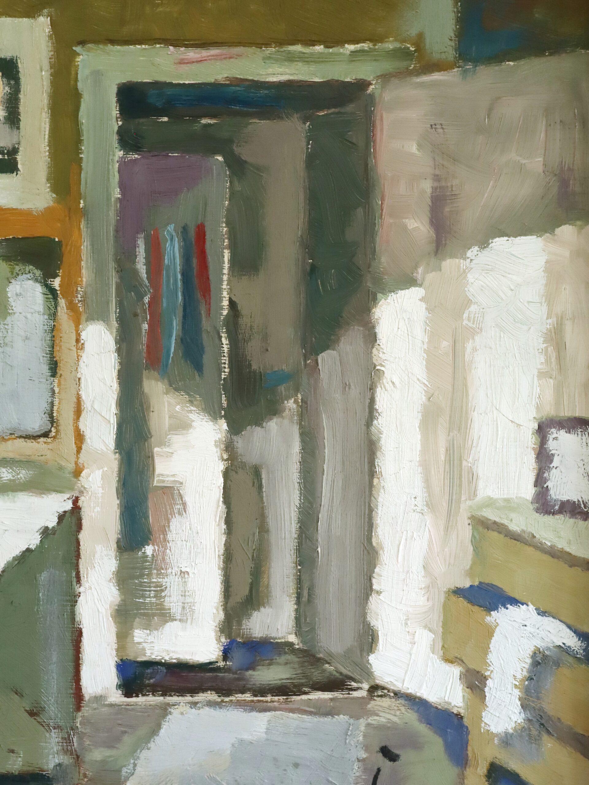 1950 Mid Century Modern Swedish Interior Scene Oil Painting - Sunlit Room in vendita 7