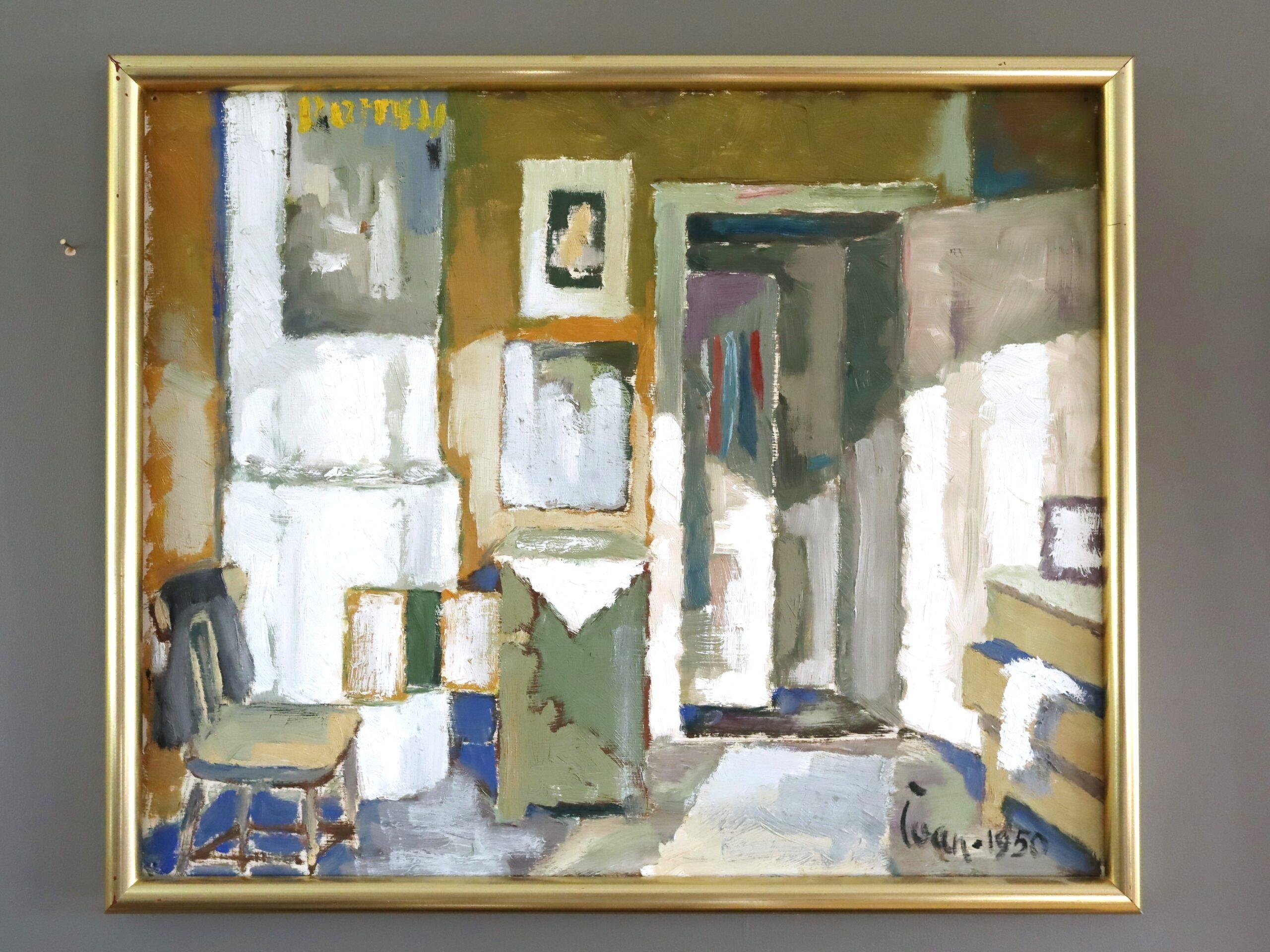 1950 Mid Century Modern Swedish Interior Scene Oil Painting - Sunlit Room - Interior Painting Marrone di Unknown
