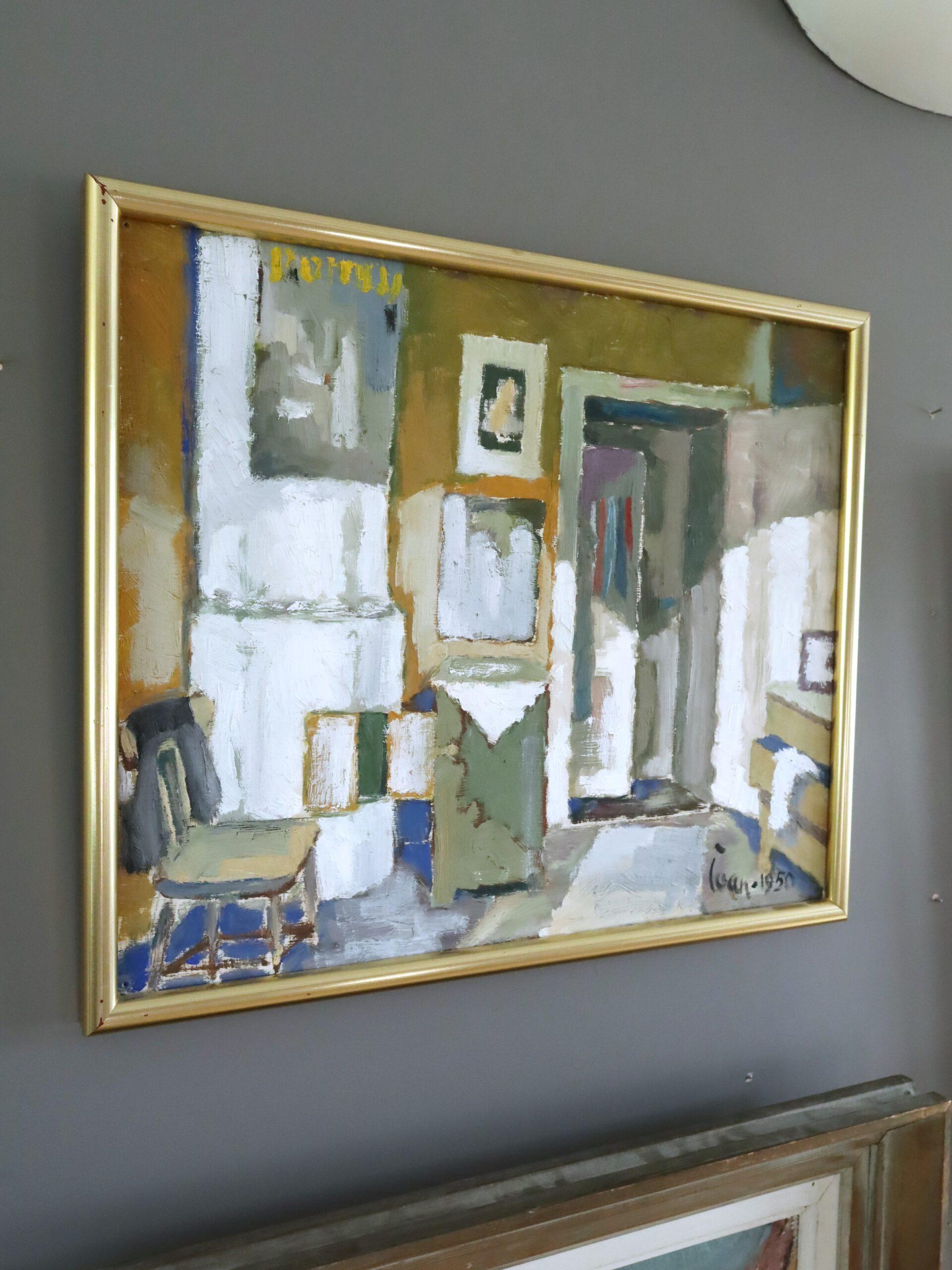1950 Mid Century Modern Swedish Interior Scene Oil Painting - Sunlit Room in vendita 1