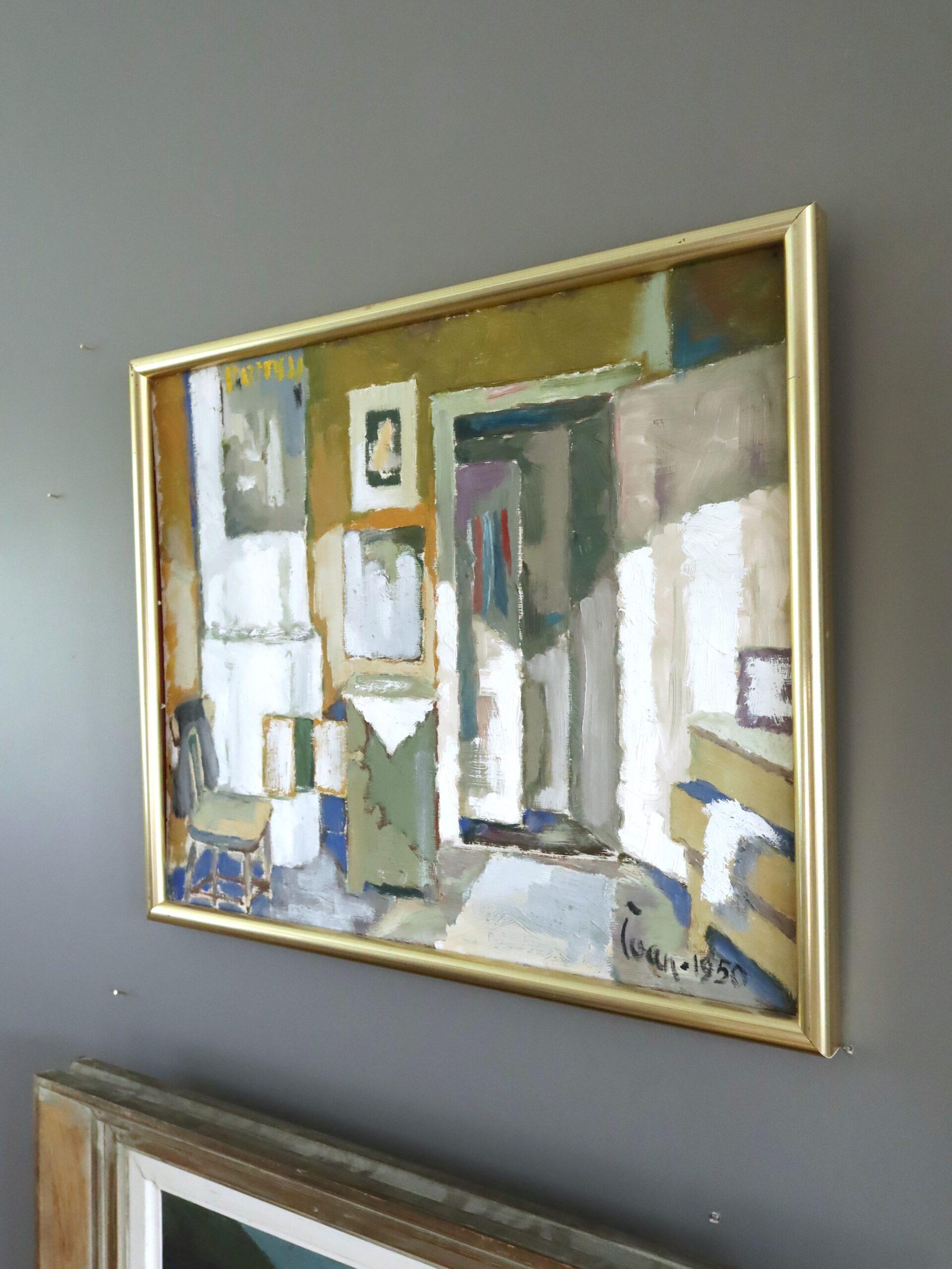 1950 Mid Century Modern Swedish Interior Scene Oil Painting - Sunlit Room in vendita 2