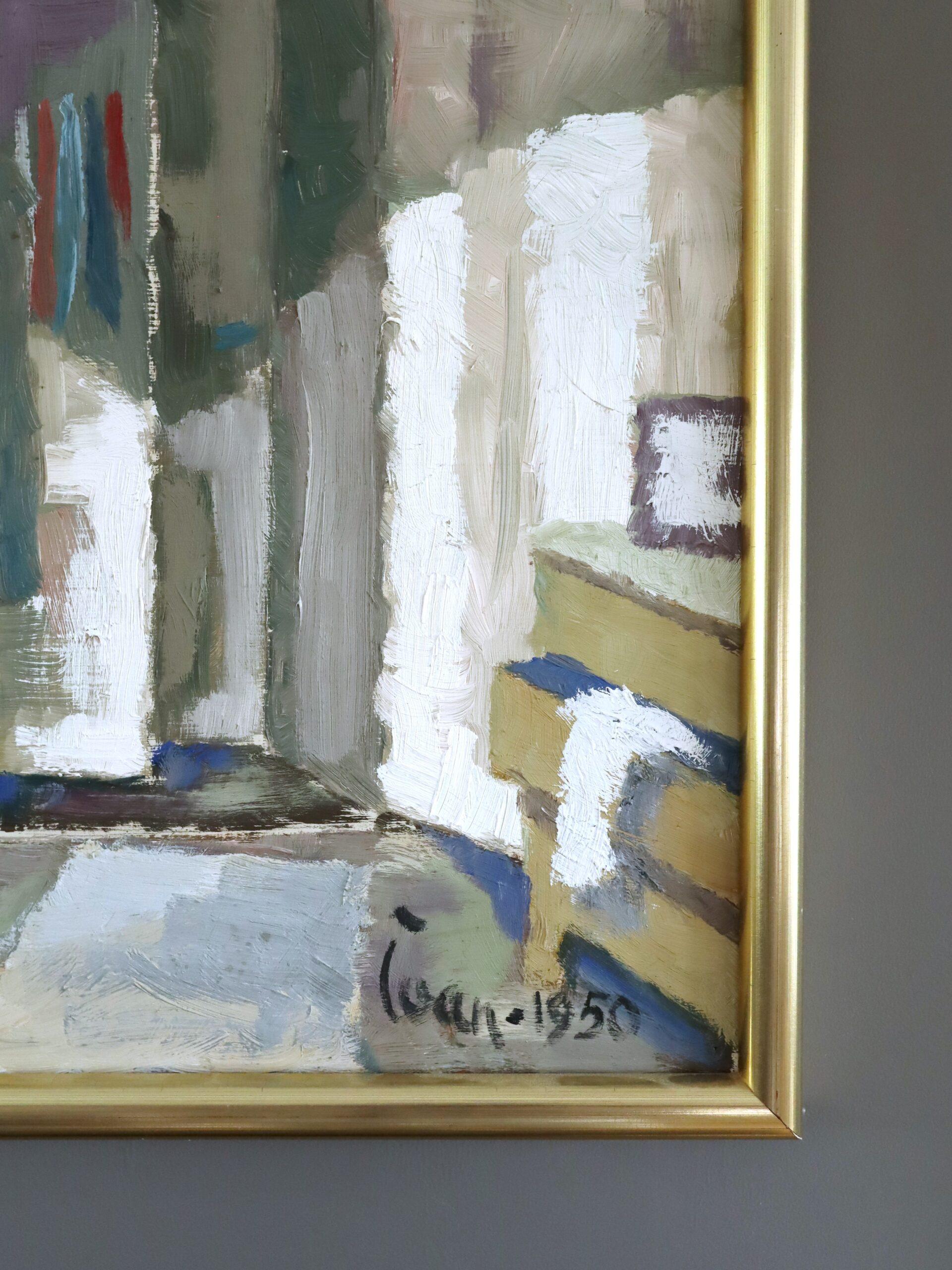 1950 Mid Century Modern Swedish Interior Scene Oil Painting - Sunlit Room in vendita 4