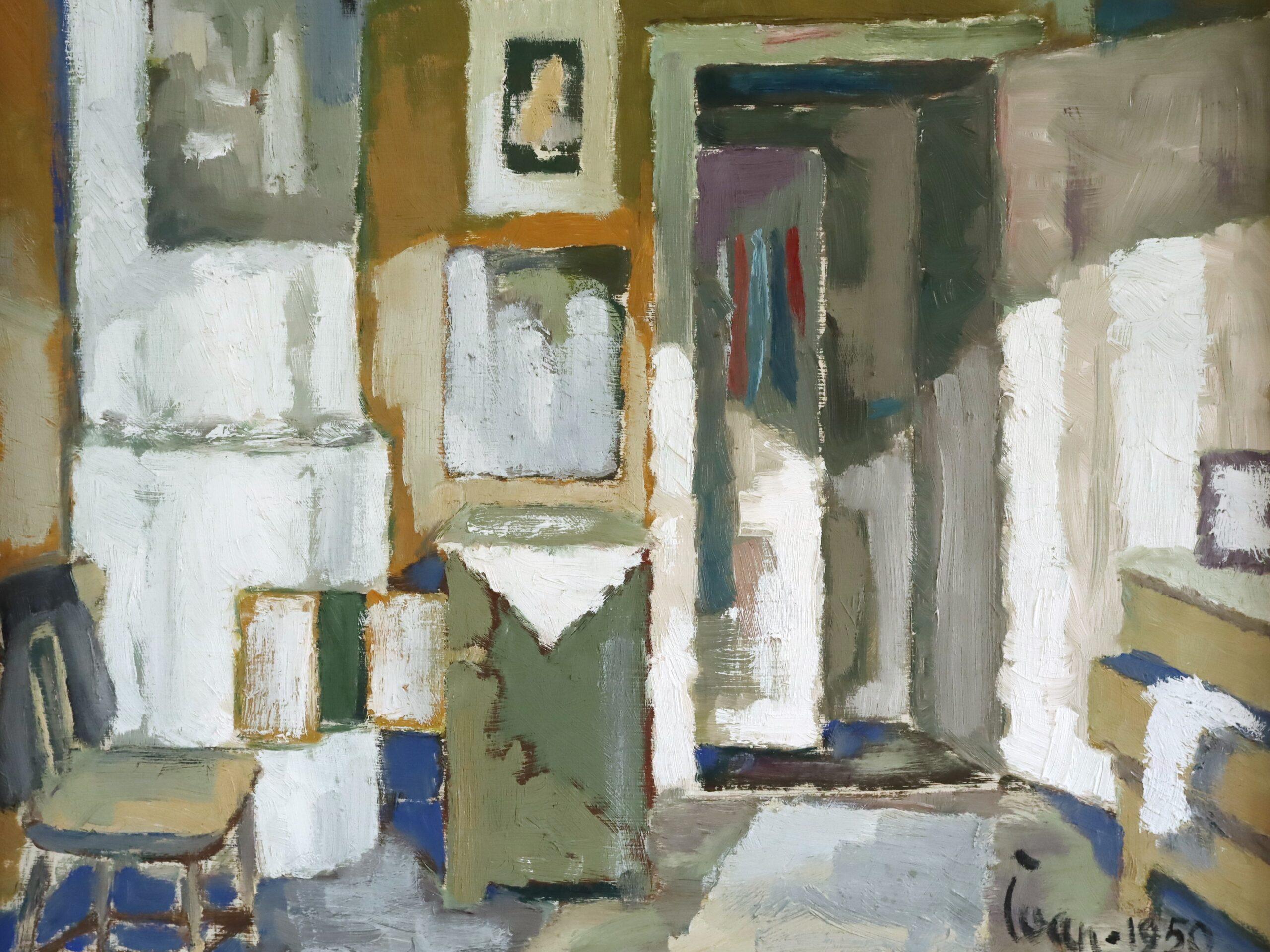 1950 Mid Century Modern Swedish Interior Scene Oil Painting - Sunlit Room in vendita 5