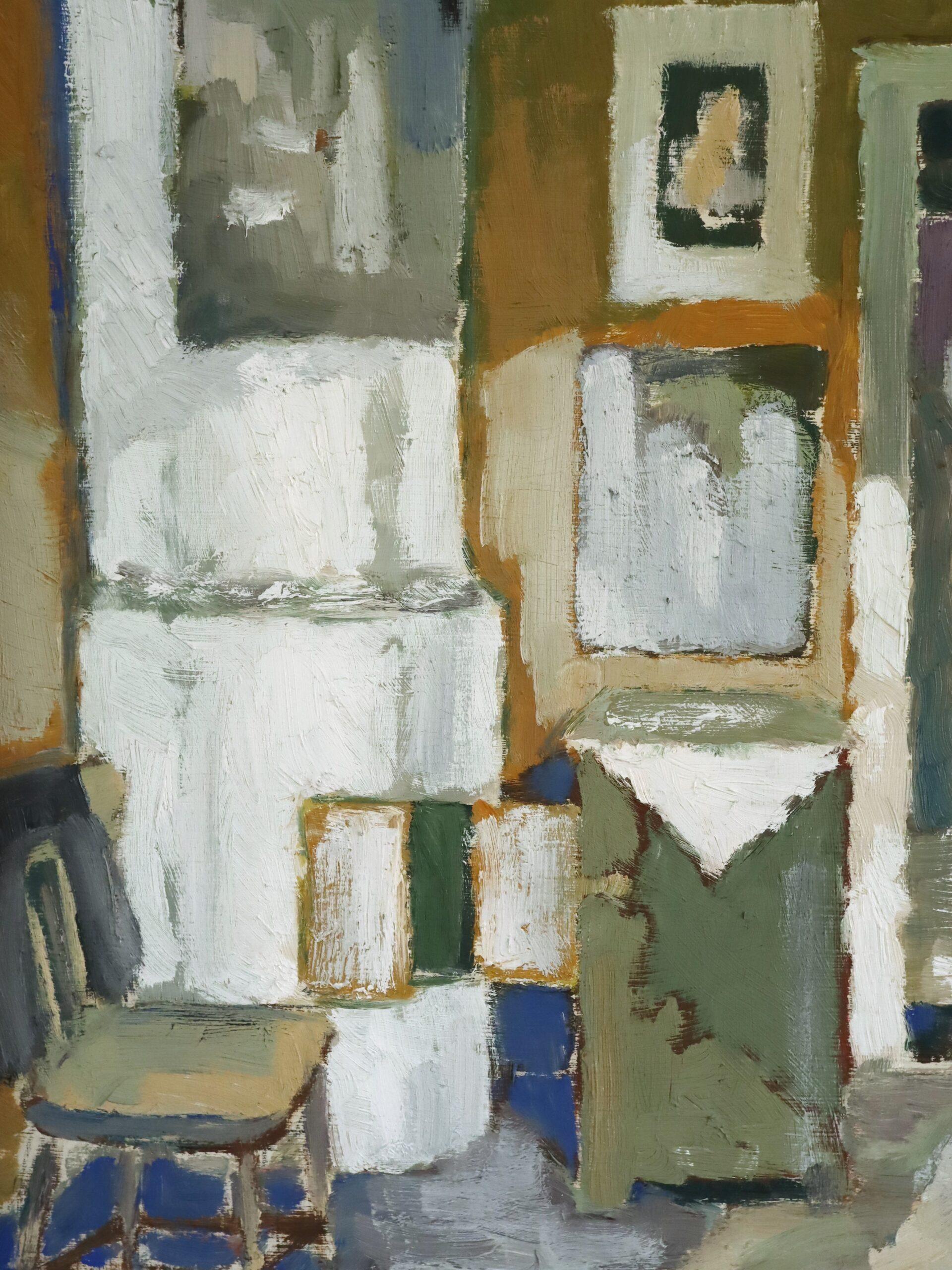 1950 Mid Century Modern Swedish Interior Scene Oil Painting - Sunlit Room in vendita 6