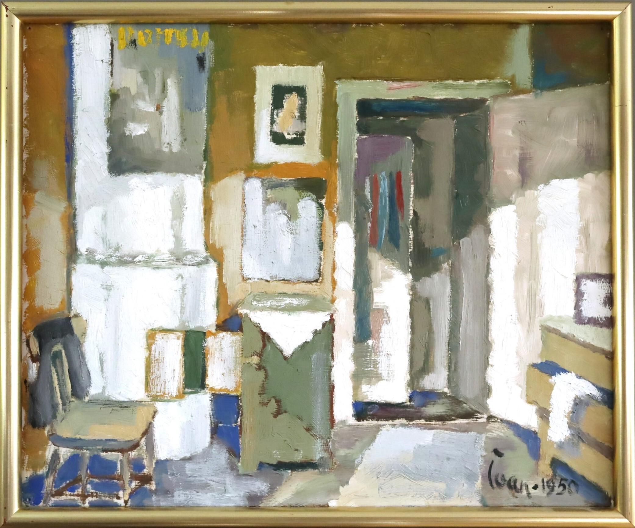 Interior Painting di Unknown - 1950 Mid Century Modern Swedish Interior Scene Oil Painting - Sunlit Room