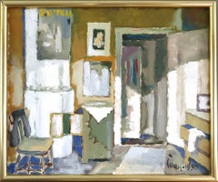 1950 Mid Century Modern Swedish Interior Scene Oil Painting - Sunlit Room