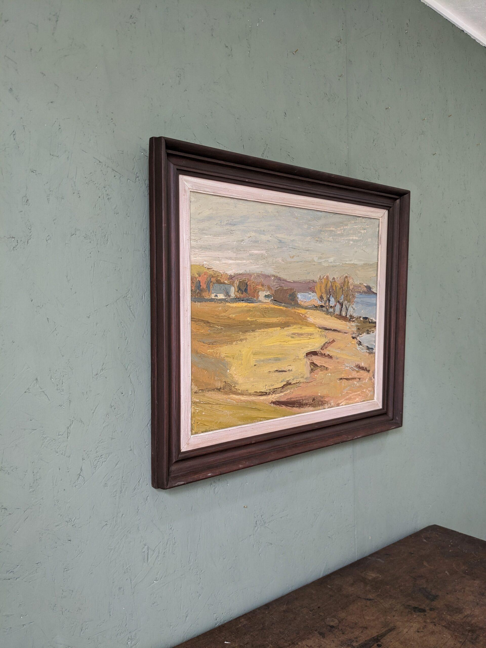 GOLDEN MEADOWS
Size: 58 x 70 cm (including frame)
Oil on board

An large and alluring textured modernist coastal landscape composition, executed in oil onto board and dated 1950.

The artwork presents a beautiful view of a vast yellow meadow and