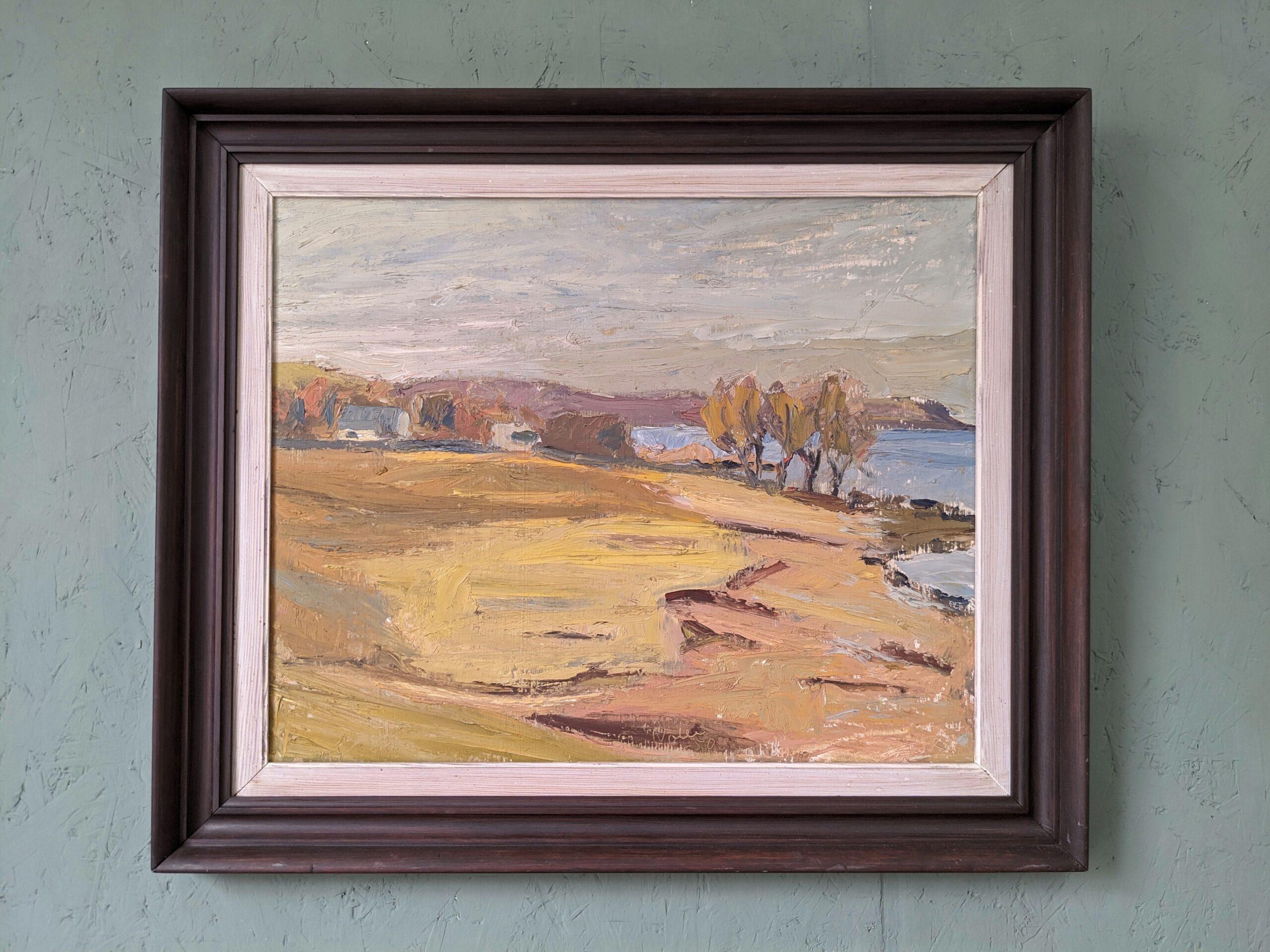 Schwedische Landschaft, Ölgemälde, Mid-Century Modern, 1950, Golden Meadows, gerahmt (Moderne), Painting, von Unknown