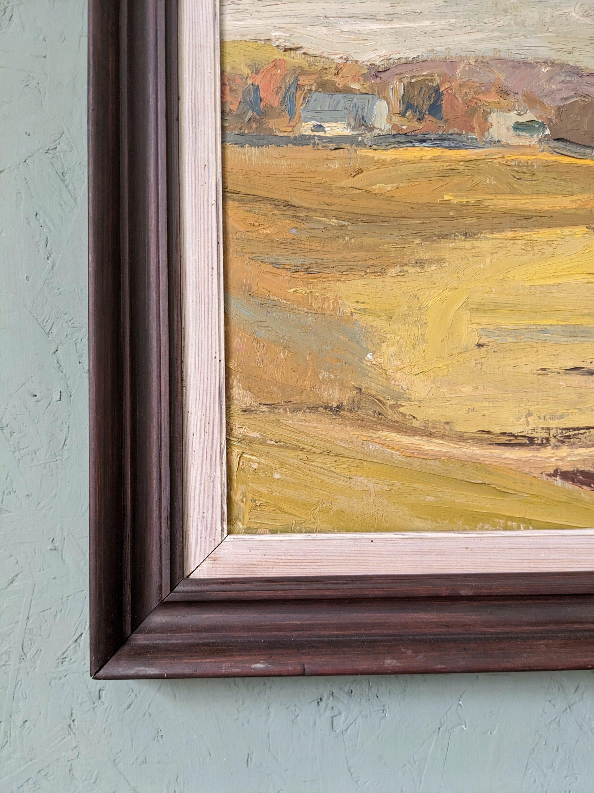 1950 Mid-Century Modern Swedish Landscape Oil Painting - Golden Meadows, Framed For Sale 3