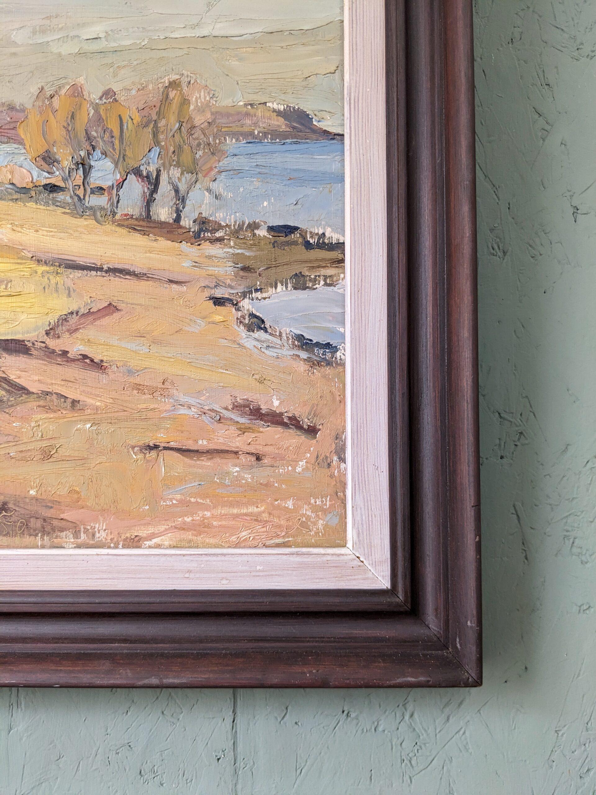 1950 Mid-Century Modern Swedish Landscape Oil Painting - Golden Meadows, Framed For Sale 4
