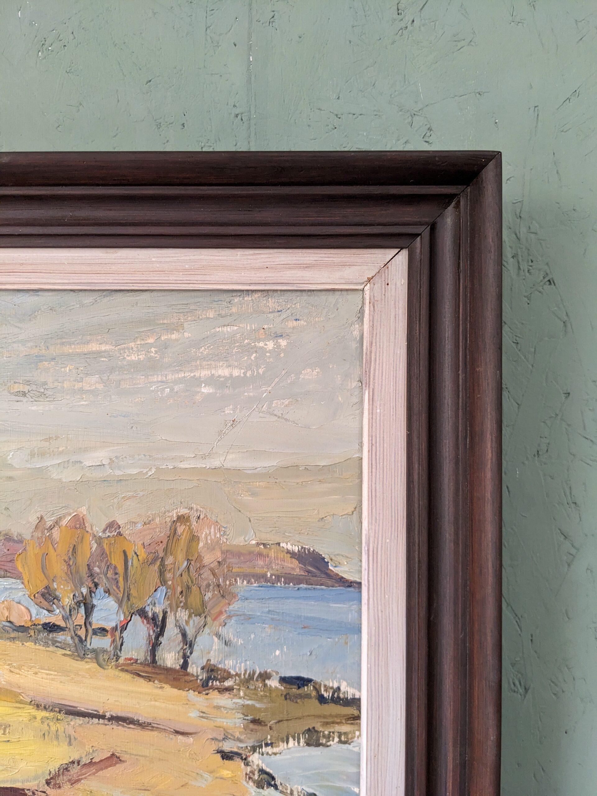 1950 Mid-Century Modern Swedish Landscape Oil Painting - Golden Meadows, Framed For Sale 5
