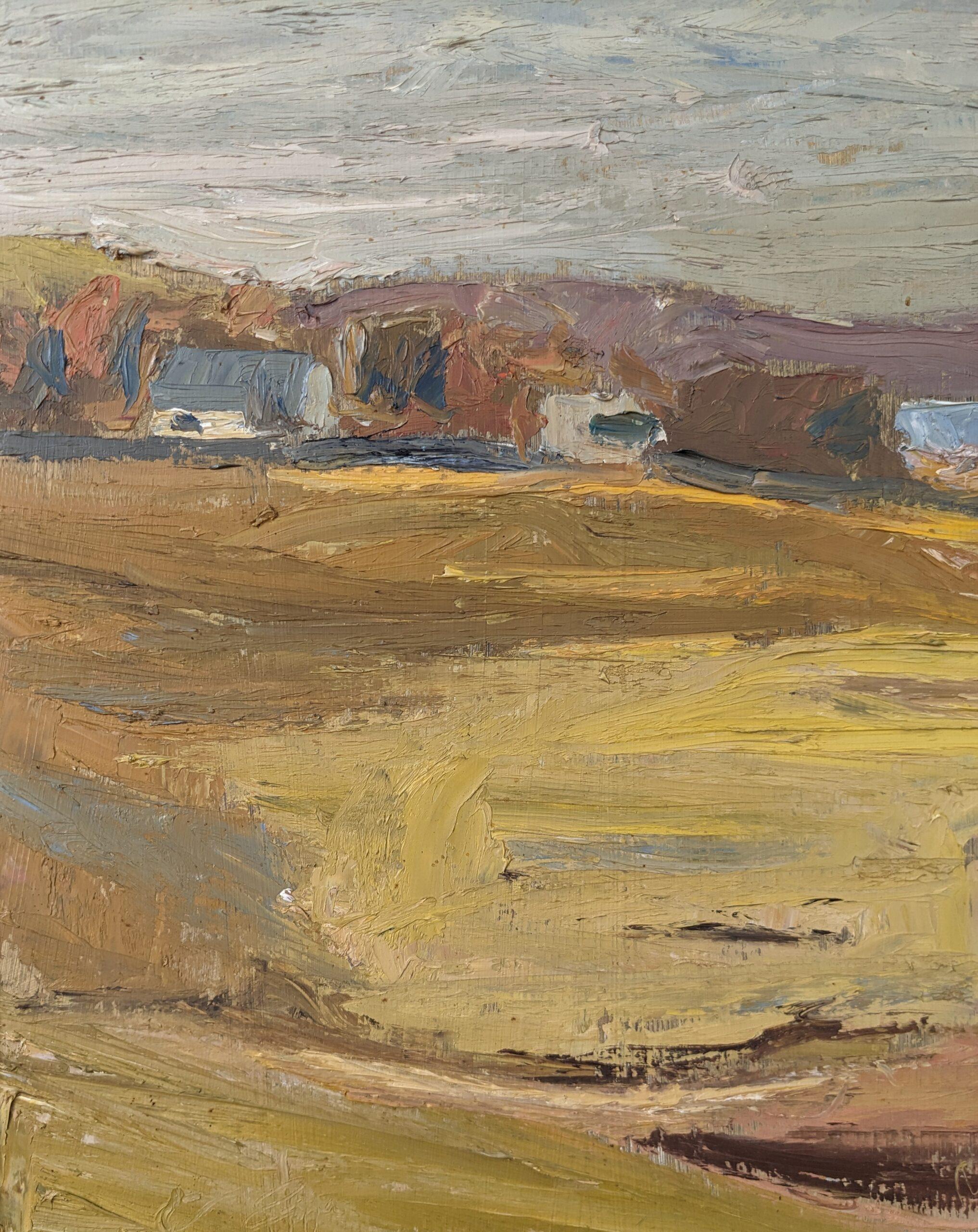 1950 Mid-Century Modern Swedish Landscape Oil Painting - Golden Meadows, Framed For Sale 6