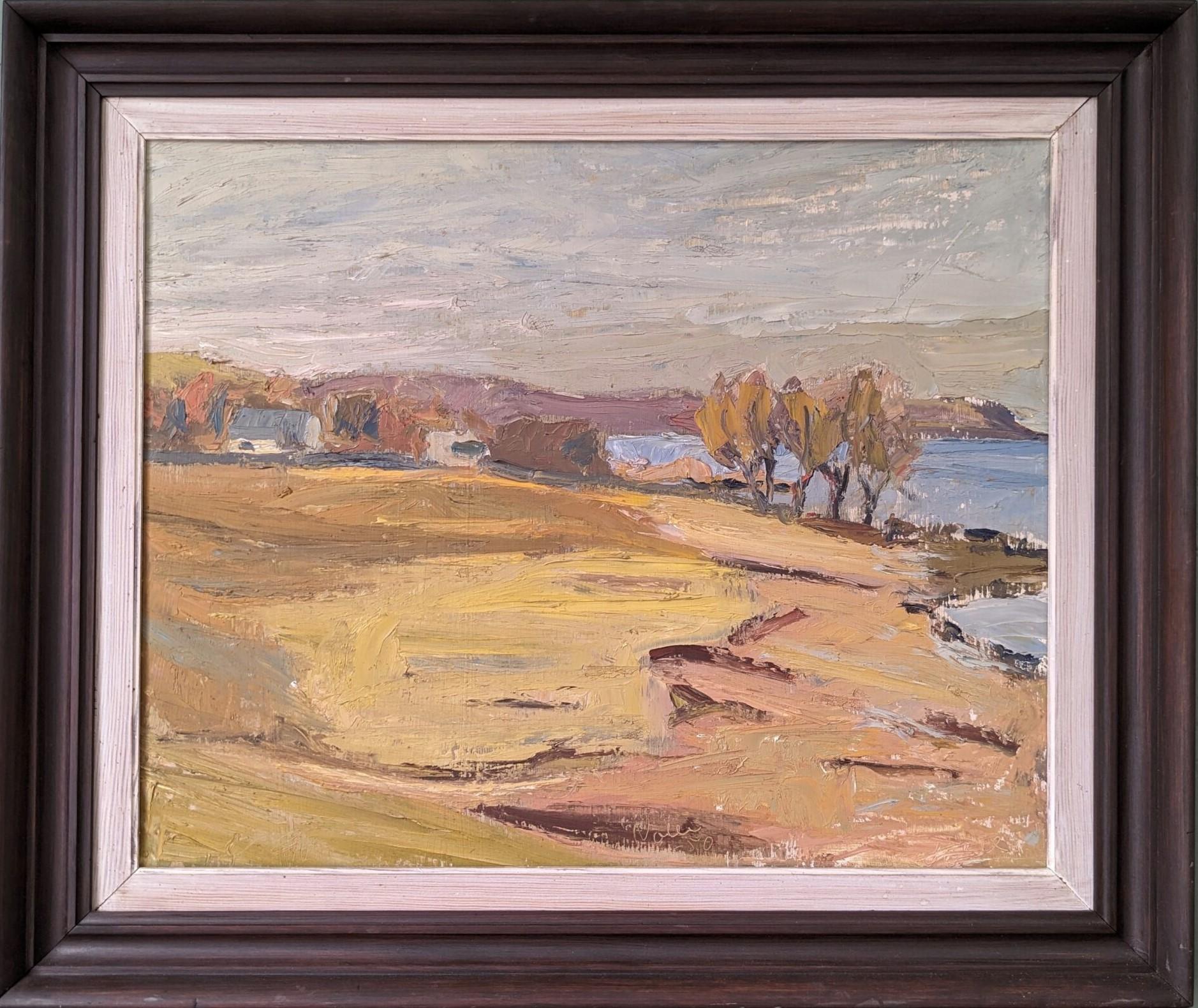 Peinture à l'huile d'un paysage suédois de 1950, The Modernity - Golden Meadows, encadrée