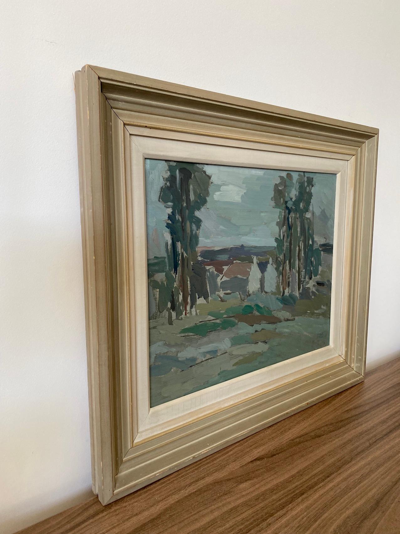 1950 Vintage Framed Abstract Landscape Oil Painting - Teal Meadow 3