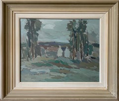 1950 Vintage Framed Abstract Landscape Oil Painting - Teal Meadow