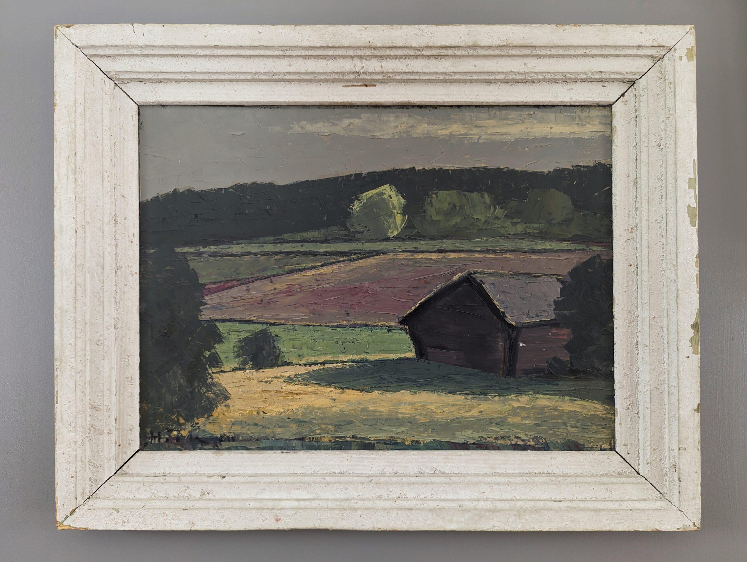 LANDSCAPE LIGHT
Size: 43.5 x 55 cm (including frame)
Oil on Board 

A beautifully textured and soothing mid-century landscape composition, executed in oil onto board and dated 1950.

This panoramic landscape painting presents a view of a meadow barn