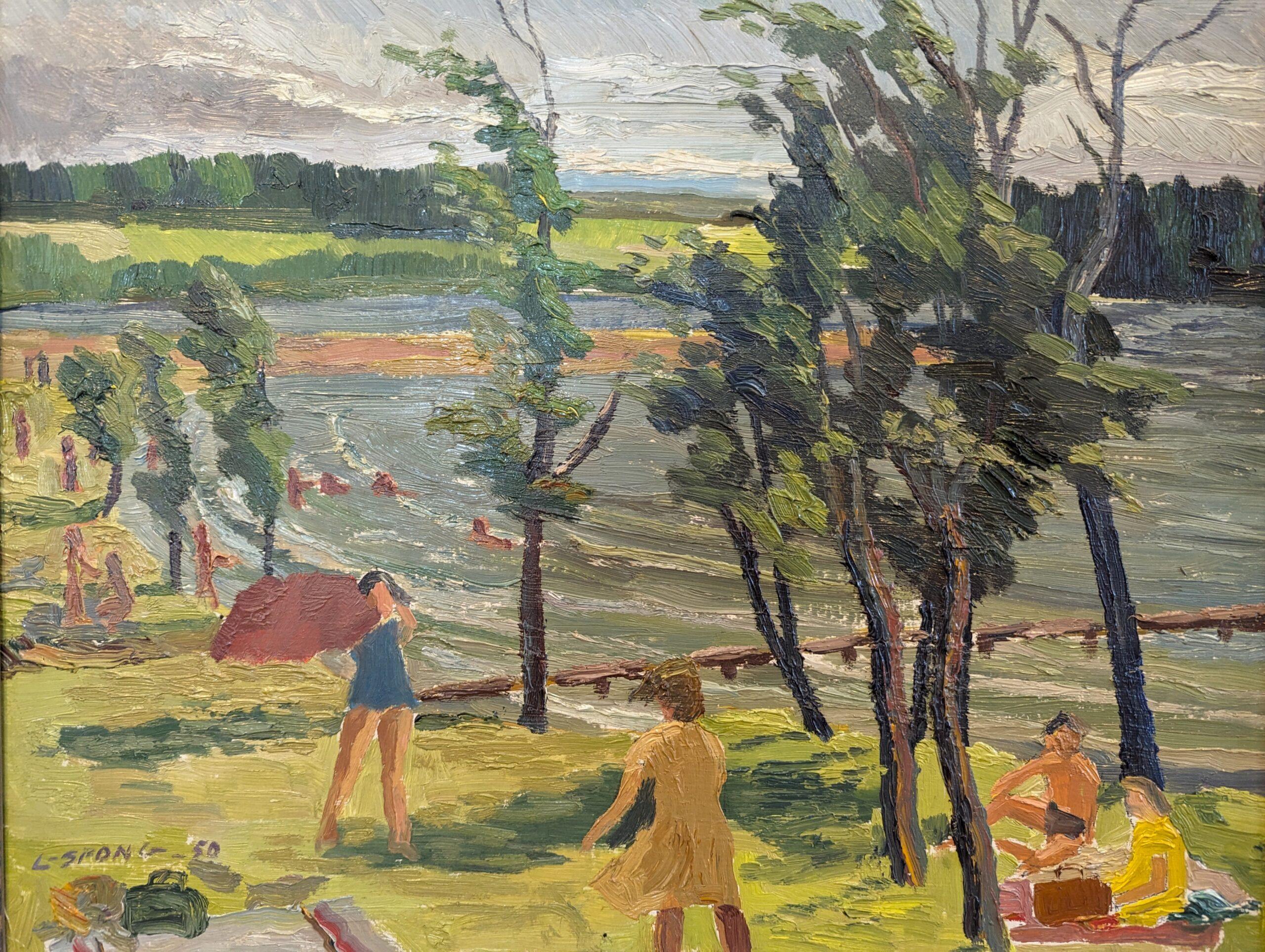 1950 Vintage Mid-Century Modern Expressive Landscape Oil Painting - Lakeside Joy For Sale 8