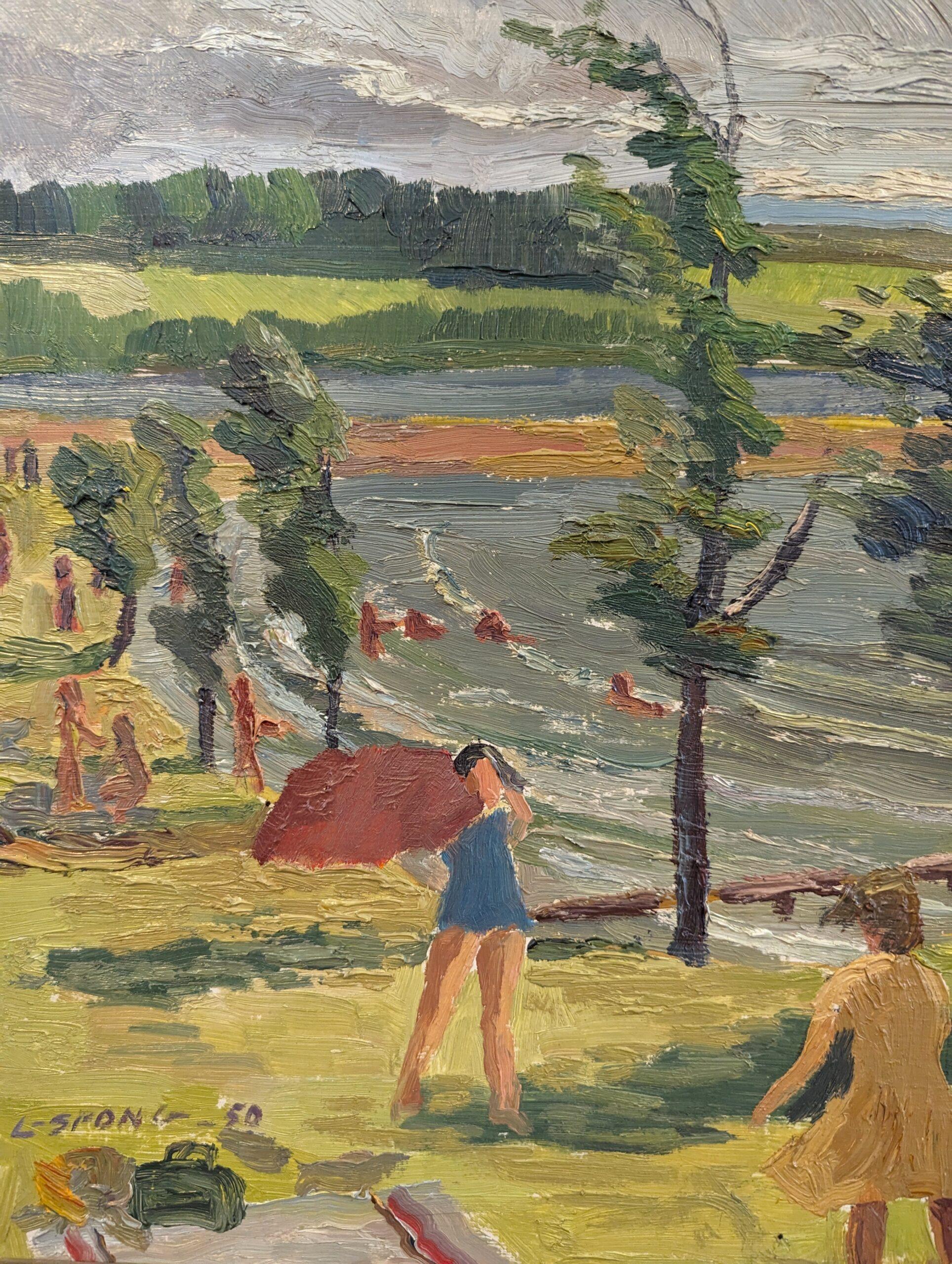 1950 Vintage Mid-Century Modern Expressive Landscape Oil Painting - Lakeside Joy For Sale 9